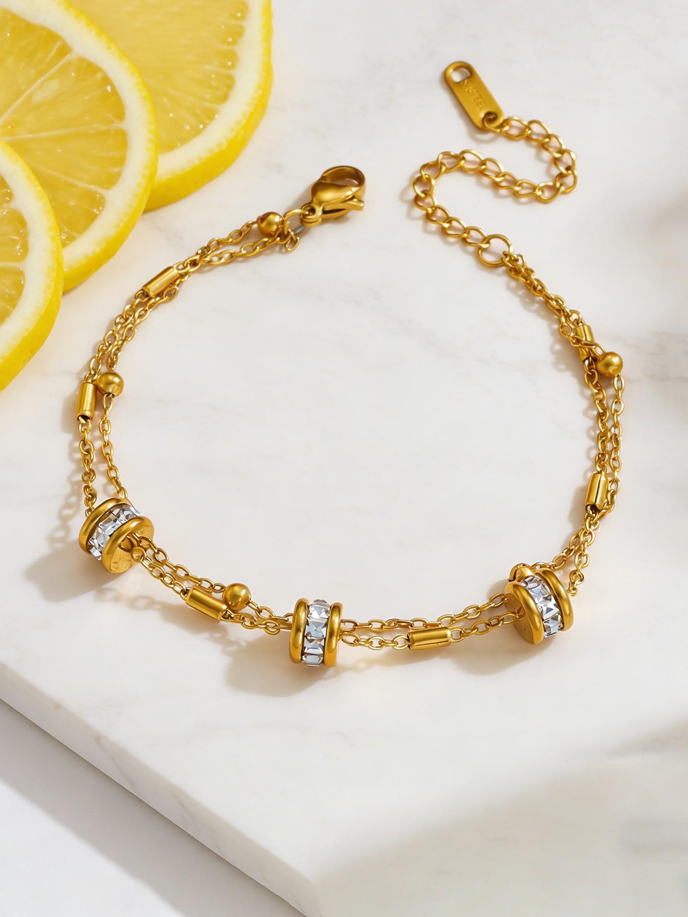 1Pcs Stainless Steel Synthetic Zircon Chain Bracelet For Women Gold Color Waterproof Simple Fashion Hand Chain Jewelry Daily Layering