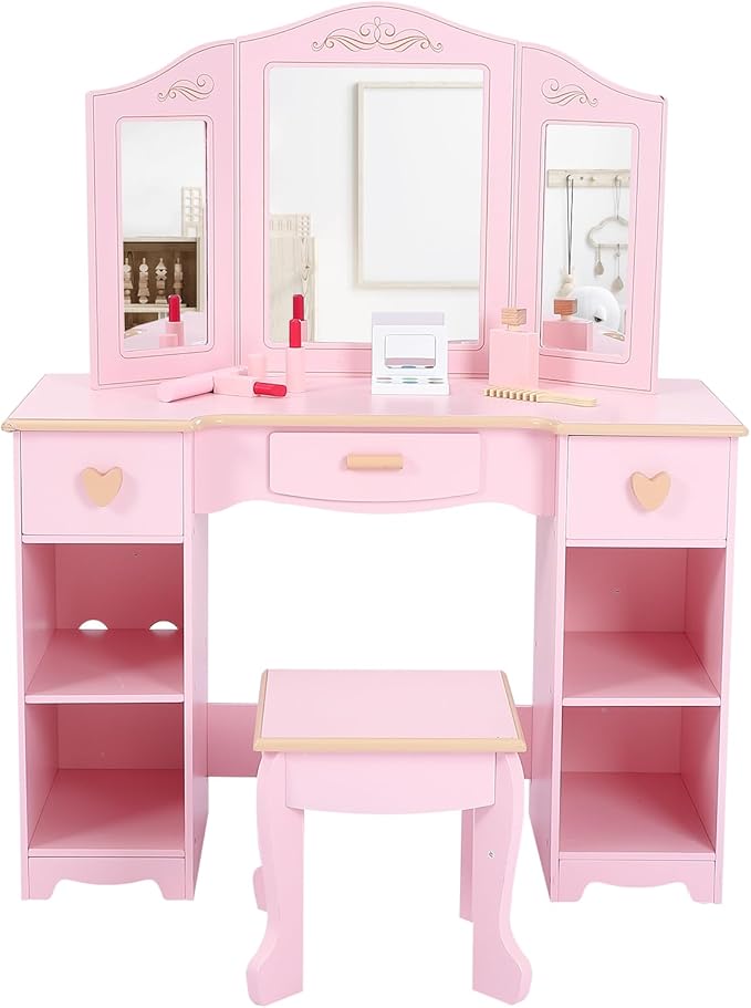 Princess Vanity Set for Kids - White Makeup Table with Mirror, Stool, and Wooden Play Makeup Accessories