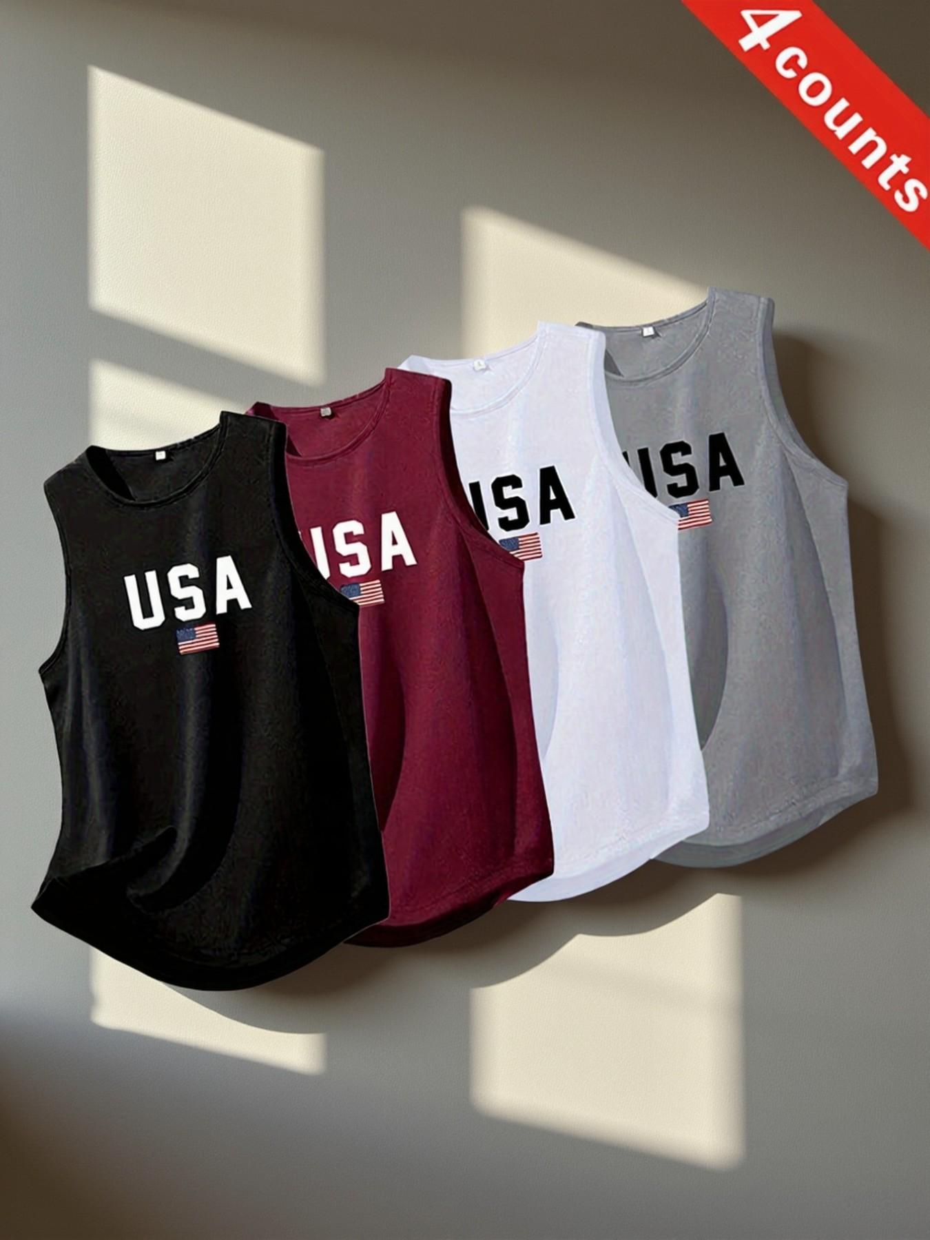 Men's Sport Sleeveless T-Shirt Set, Quick-Dry Breathable Usa Flag Print, Casual Gym Wear for Running Swimming All Seasons, Active Sportswear, Athletic Sports Clothing, Dry Fit Shirts