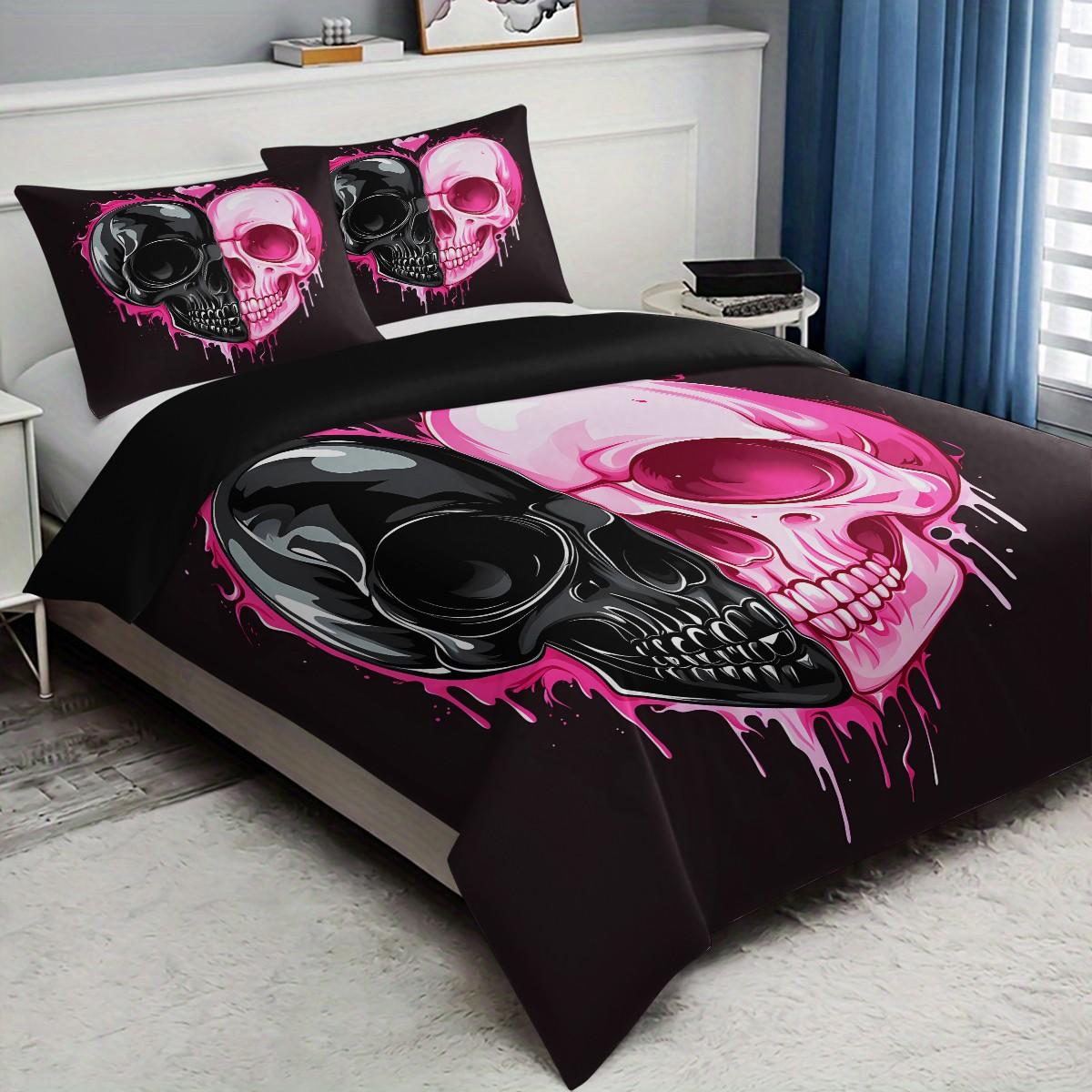 3pc Black and pink patchwork skull bedding Set, Decorative bedding set, including 1 duvet cover and 2 pillowcases, suitable for single and double beds, with multiple sizes available, ideal for bedrooms, dormitories, hotel apartments