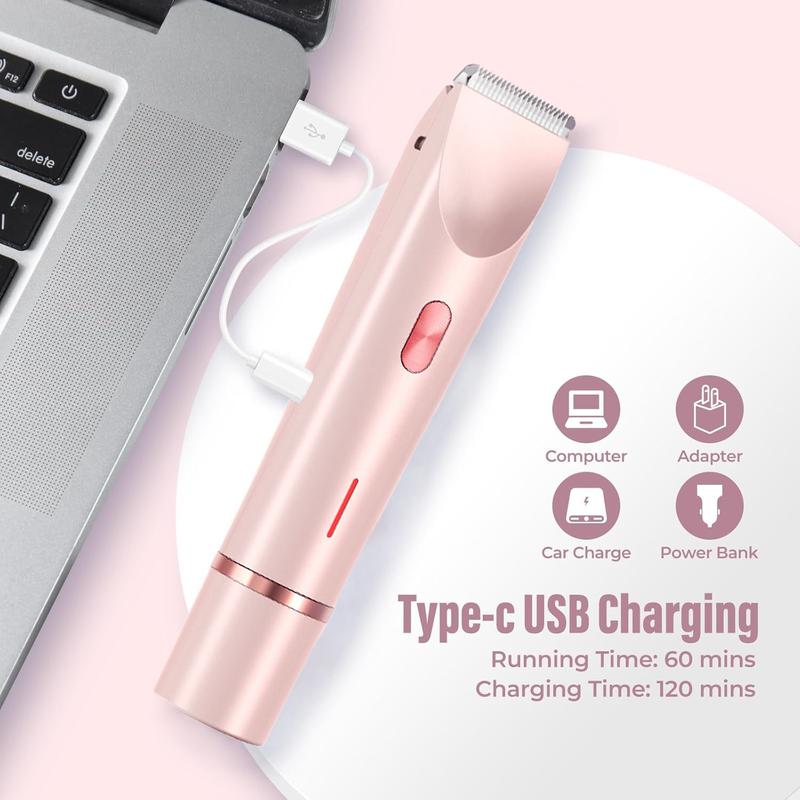 Bikini Trimmer for Women, Electric Shaver and Razor Rechargeable 2-in-1 Body and Facial Epilator, Dual Heads for Painless Trimming of Pubic Hair, Face, Underarms and Legs, IPX7 Waterproof. Christmas Gift New Year