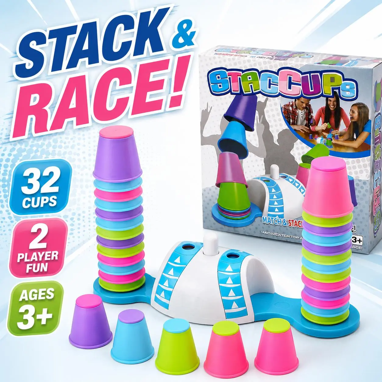 32-Piece Plastic Speed Stacking Cup Game System Toy for Kids (Ages 3+), 2-Player Color Matching Reaction Toy with Game Base, Family Tabletop Party Activity