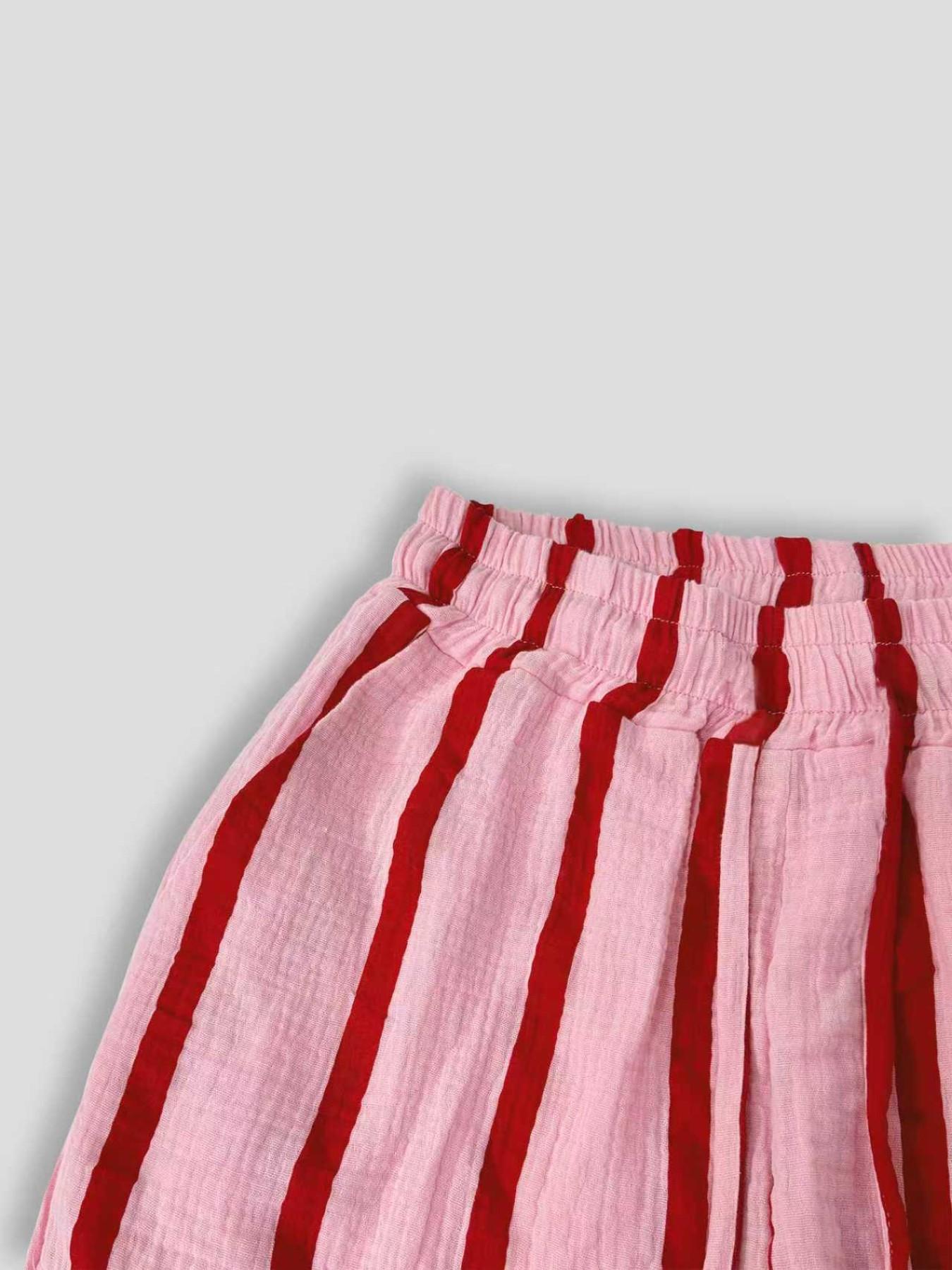 Women's Pink & Red Vertical Striped Wide-Leg Pants, Elastic Waist Lightweight Crinkled Linen-Like Trousers, Casual Streetwear Pants, Casual Summer Bottoms for Street & Vacation Style
