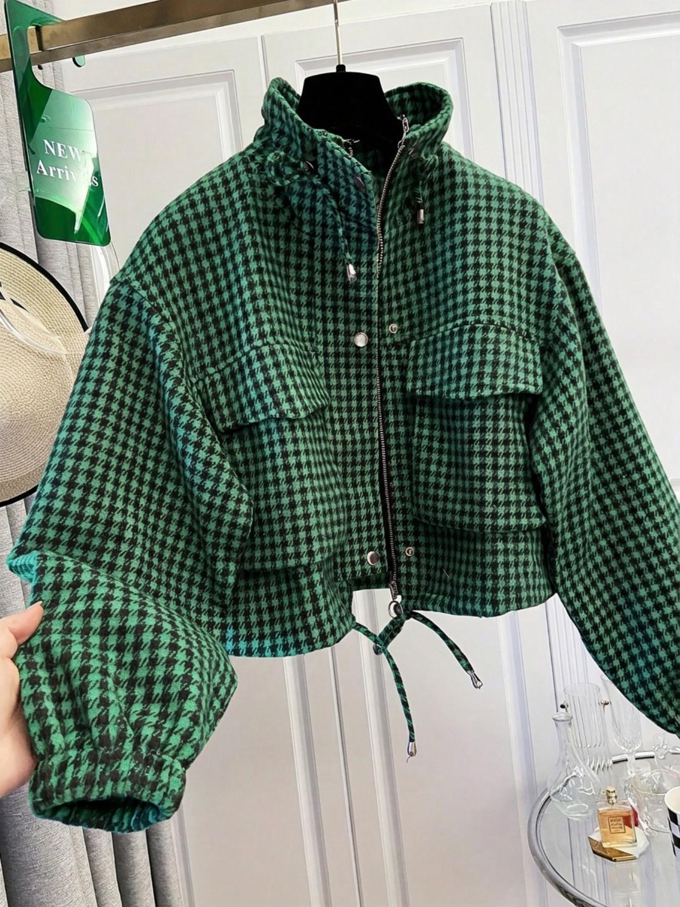Women's Fashion Retro Plaid Stand Collar Short Coat, Drawstring Design, Zipper Front, Perfect for Fall Winter Daily Holiday Outing