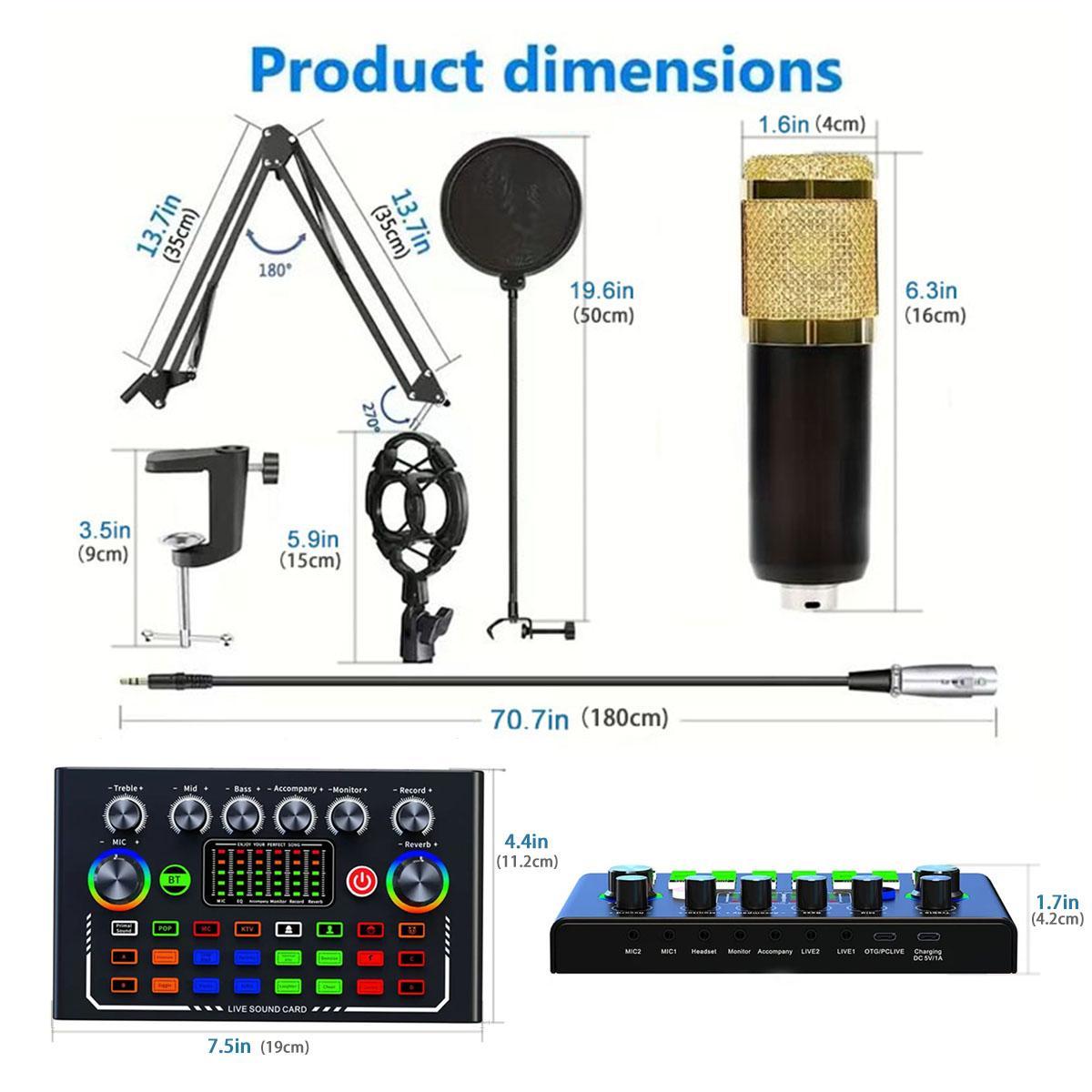 Professional Podcast Equipment Set BT Connection Bm-800 Microphone Kit Dj Sound Control Mixer Live Audio Mixer for Phone Computer Laptop Live Streaming Music Singing