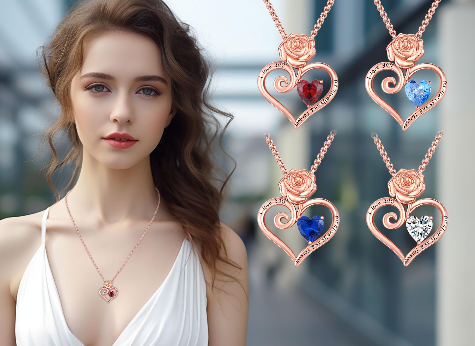 DRINSPER Rose Heart Necklace Rose Pendant Necklace I Love You Forever and Ever for Women Anniversary Birthday Mothers Day Gifts Jewelry for Wife Girlfriend Sister