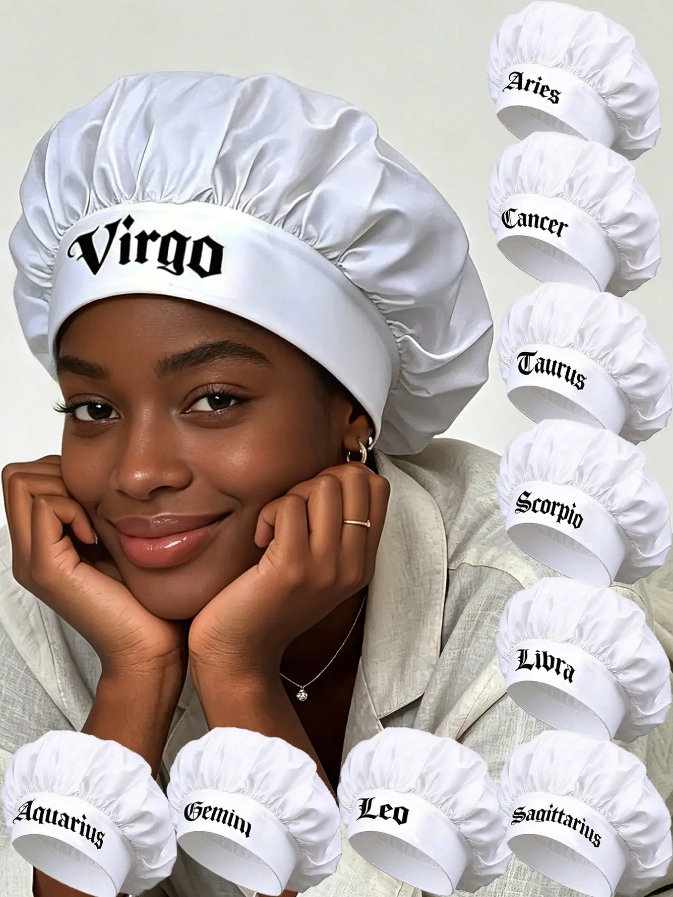 1 Pack White Smooth Satin Hair Care Sleep Cap, 12‑Zodiac Constellation Selectable Sleep Hat, Practical Night Head Cover For Nighttime Grooming & Skincare, Gift for Friends, All Seasons