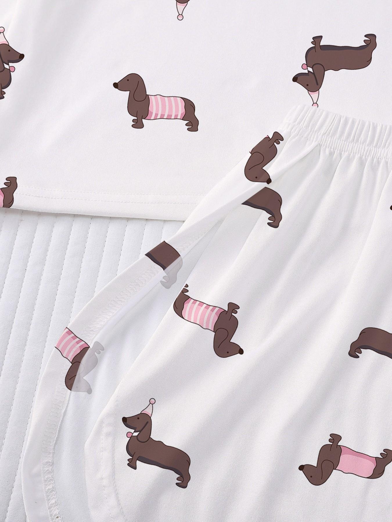 Women's 2-Piece Pajama Set, Casual Cute Weiner Dog Print, Loose-Fit Short Sleeve T-Shirt and Elastic Waist Shorts, Summer Sleepwear