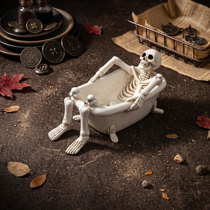 Skull Bathtub Planter, 6.37 Inches with Drain Hole, Unique Decorative Pot for Plants, Soap Holder, Home Desk Decoration, Halloween Theme