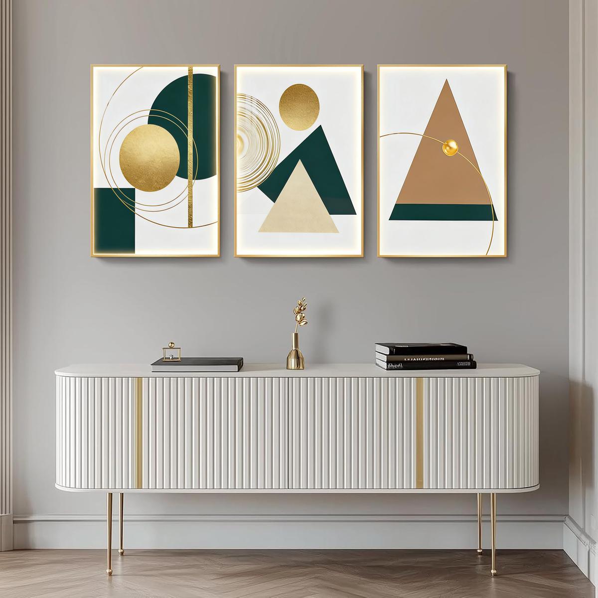 3 Counts Aluminum Alloy Framed Painting, Geometric Gold And Green Abstract Shapes Pictures, Home Decoration For Living Room, Bedroom, Office, Restaurant, Hallway Wall Decor, Odorless Print Artwork, Luxury Perfect Gift For Friends And Family
