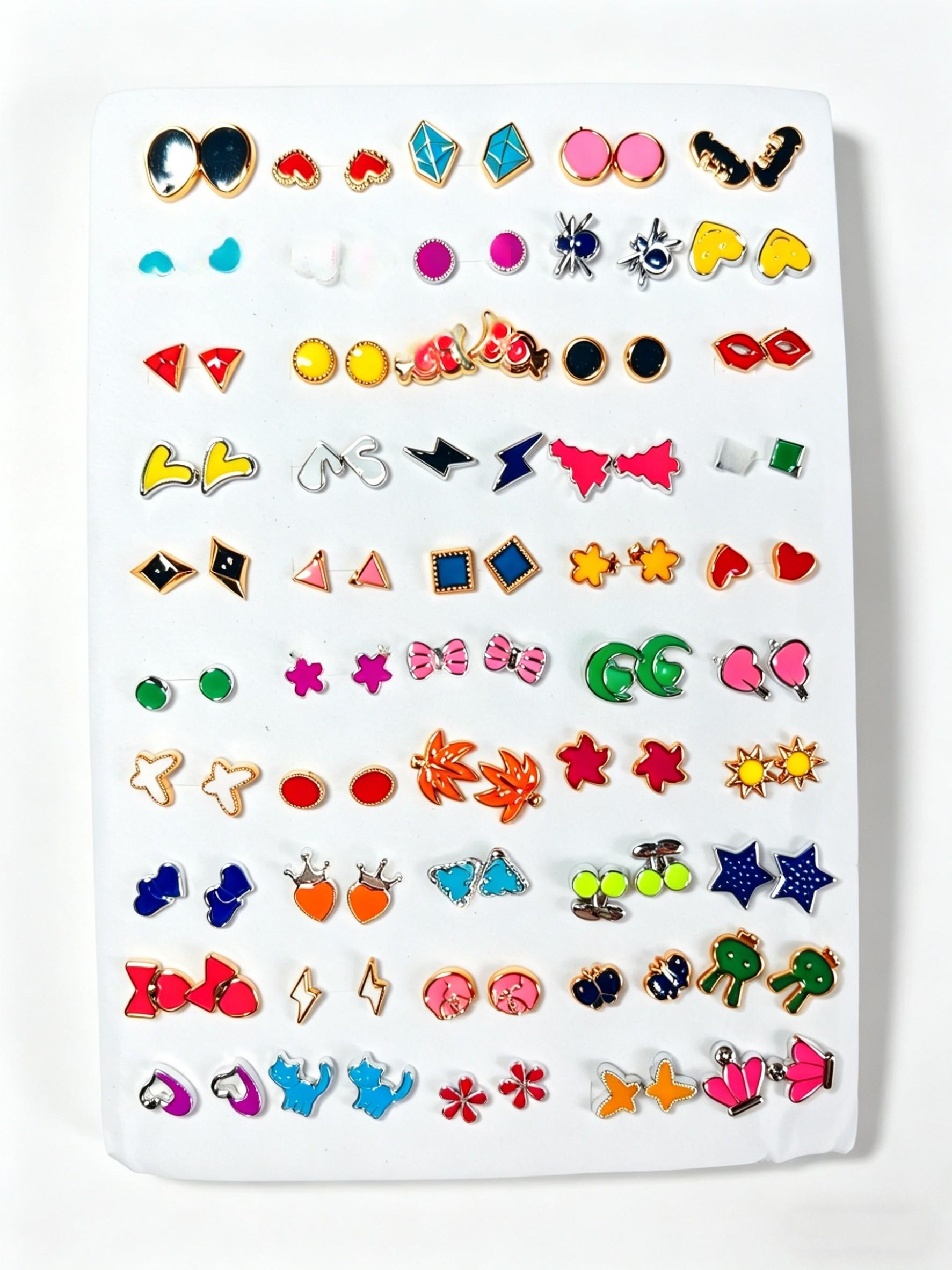 50 Pairs Colorful Drop Earrings Set, Animal Flower Studs, Hypoallergenic Daily Wear, Y2K Style, Gift for Girls, Graduation, Anniversary
