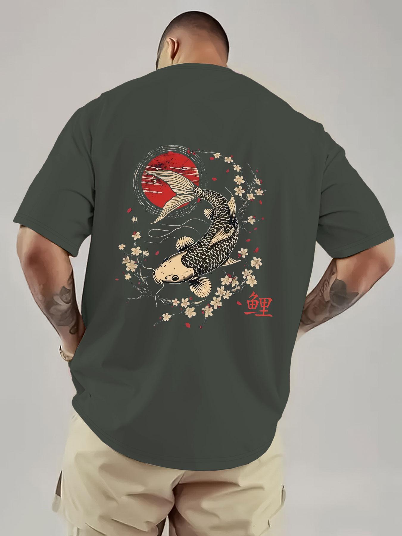 Japanese Koi and Cherry Blossom Print Men's T-Shirt, Breathable Heavyweight Short Sleeve, Streetwear for Music Festivals and Daily Wear