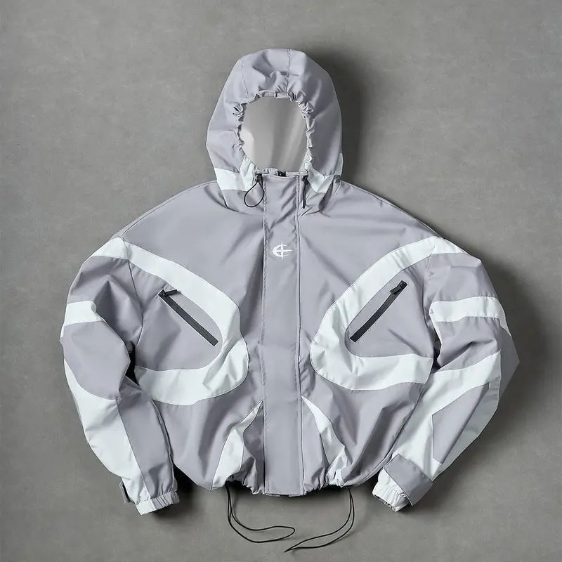 Men's Stylish Futuristic Techwear Hooded Jacket - Long Sleeve, Color Block Design, Trendy Street Outerwear, Adult Outdoor Coat with Zipper Pockets, Drawstring Hem for All-Season,sohochic