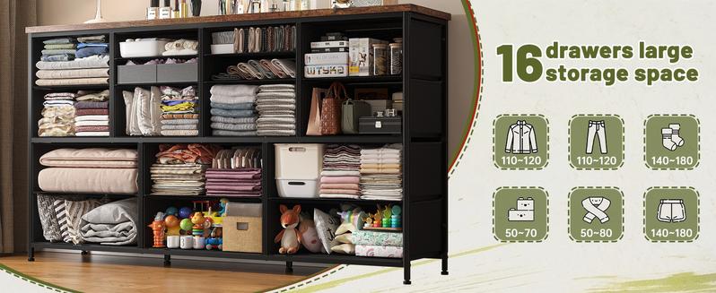 Raybee Dressser with 16 Drawers, TV Stand for Bedroom for 60" TV, Long Dressers & Chests of Drawers, Large Dresser with Charging Station, 51.1" W*11.8" D*34.8" H