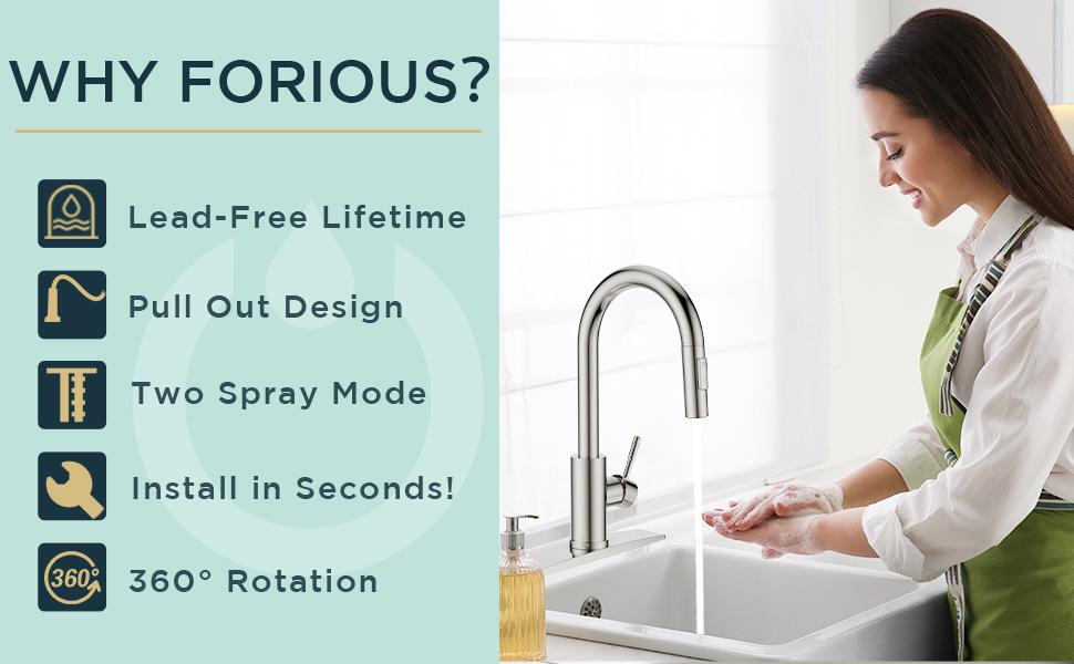 FORIOUS Kitchen Faucet with 2 Modes Pull Down Sprayer Brushed Nickel High Arc Kitchen Sink Faucet Stainless Steel Sink Basin Faucet