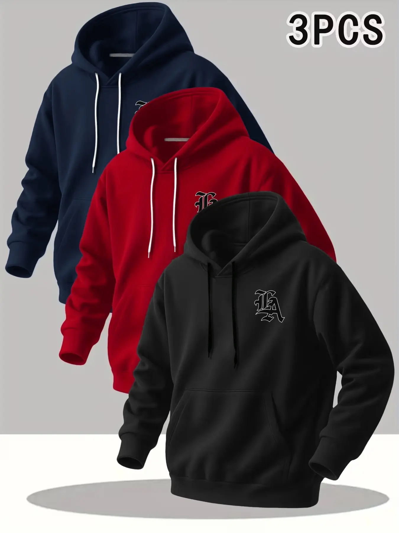 3-Pack Men's Letter Print Hoodies, Soft Fleece Lined Loose Fit, Casual Long Sleeve Pullover with Pocket, Fall & Winter Wear