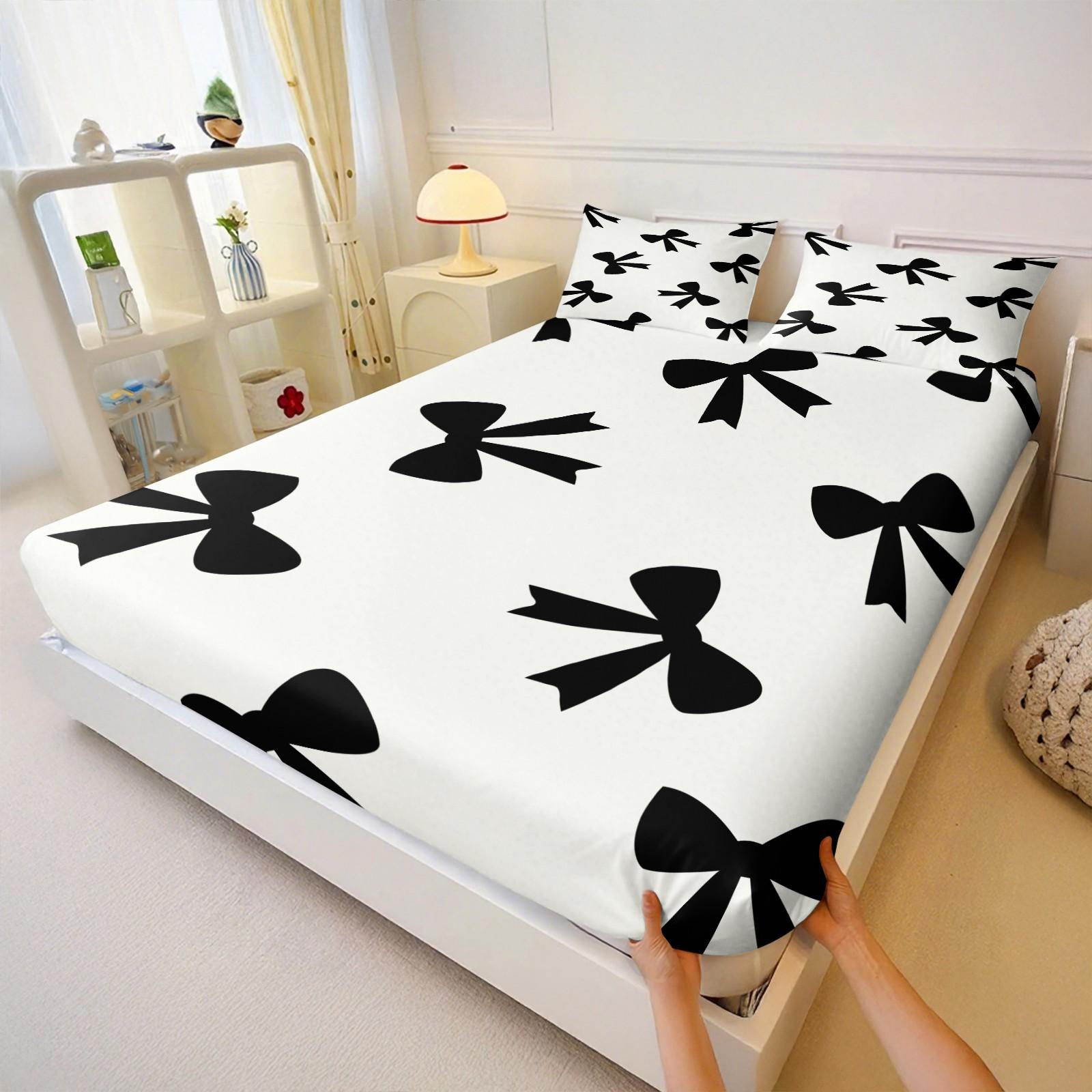 3Pcs Minimalist Bow Print Fitted Sheet Set, Cute Heart-Accented Bed Sheets for Bedroom, Warm Gift for Girls and Women