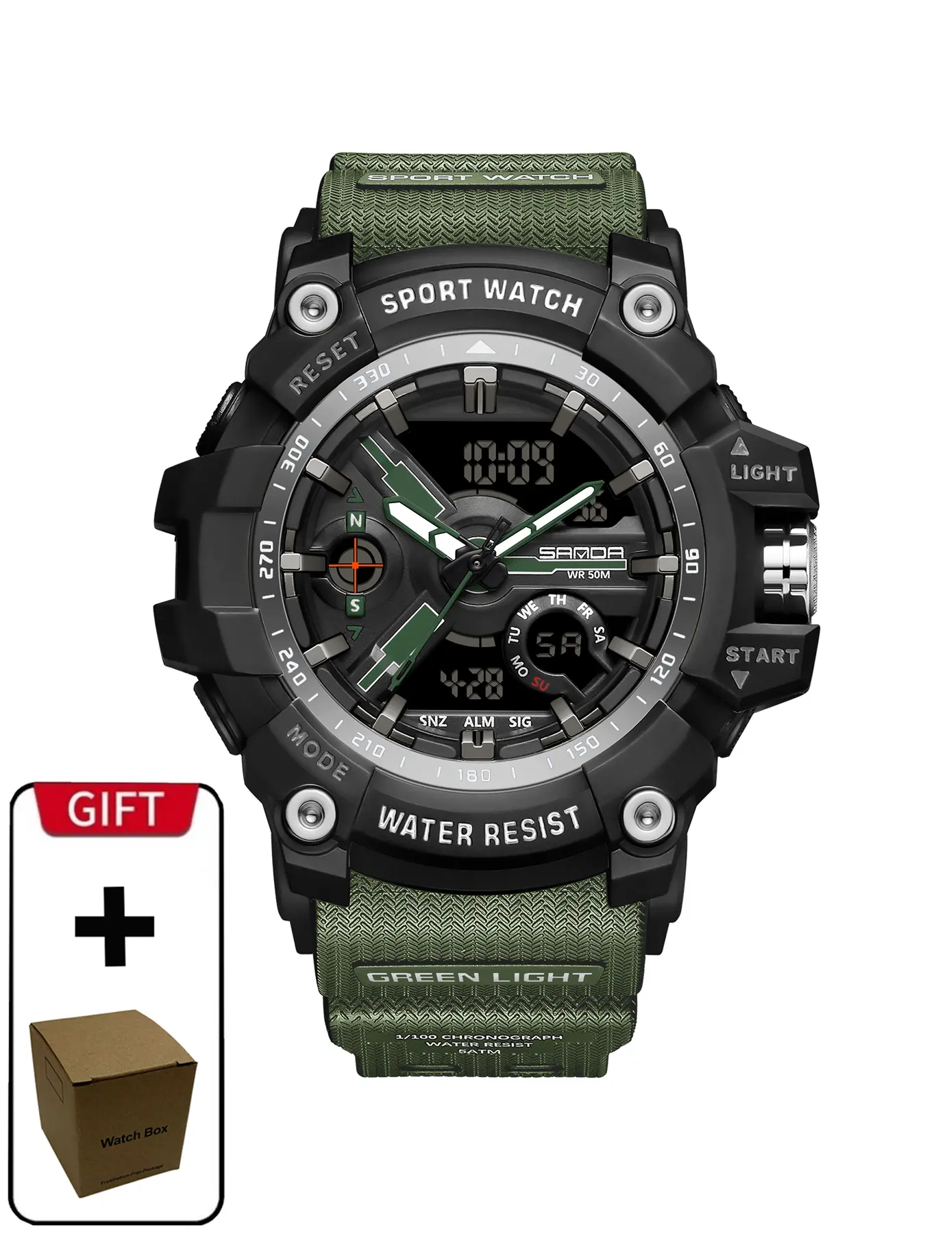 SANDA 3179 for Male Clock shock New Sports Men's Military Watch Waterproof Wristwatch, Men's Sportive Analog-digital Quartz Watch, Water resistant watch with Luminous & Alarm & Calendar Function, with Box