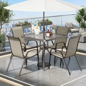 5 Pieces All Weather Patio Dining Set,Stackable Textilene Chairs With Ergonomic Backrest,Square Pattern Glass Top Metal Table With Umbrella Hole Heavy Duty Outdoor Furniture For Garden Poolside Backyard