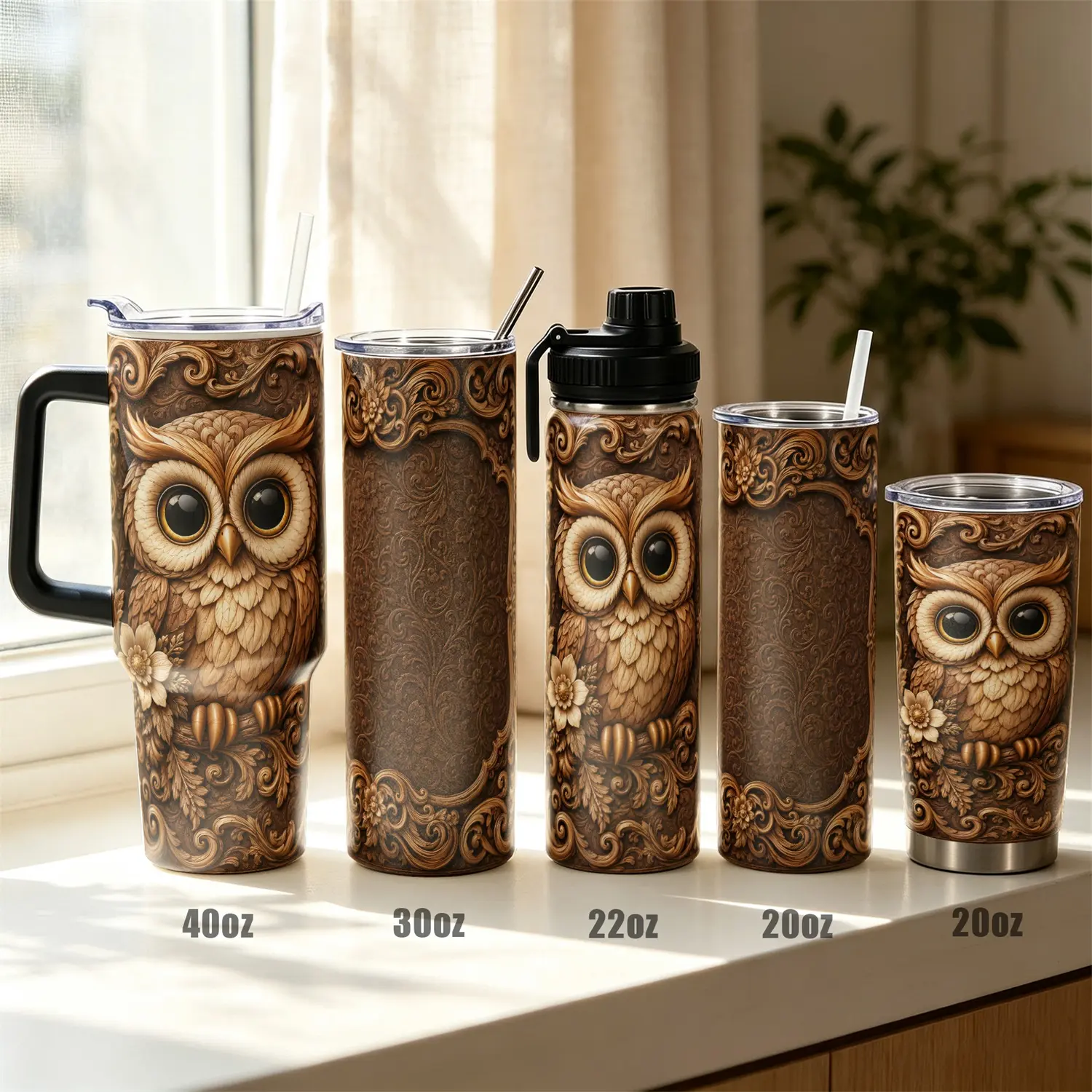 1pc,40oz/30oz/22oz/20oz Owl Engraved Vacuum Insulated Stainless Steel Tumbler, 12H Cold 8H Hot Leak Proof Travel Mug with Lid, Ideal Birthday Christmas Gifts for Owl Lovers, Fits Car Cup Holder for Gym Office Commute Hiking, Vacuum Leakproof Tumbler