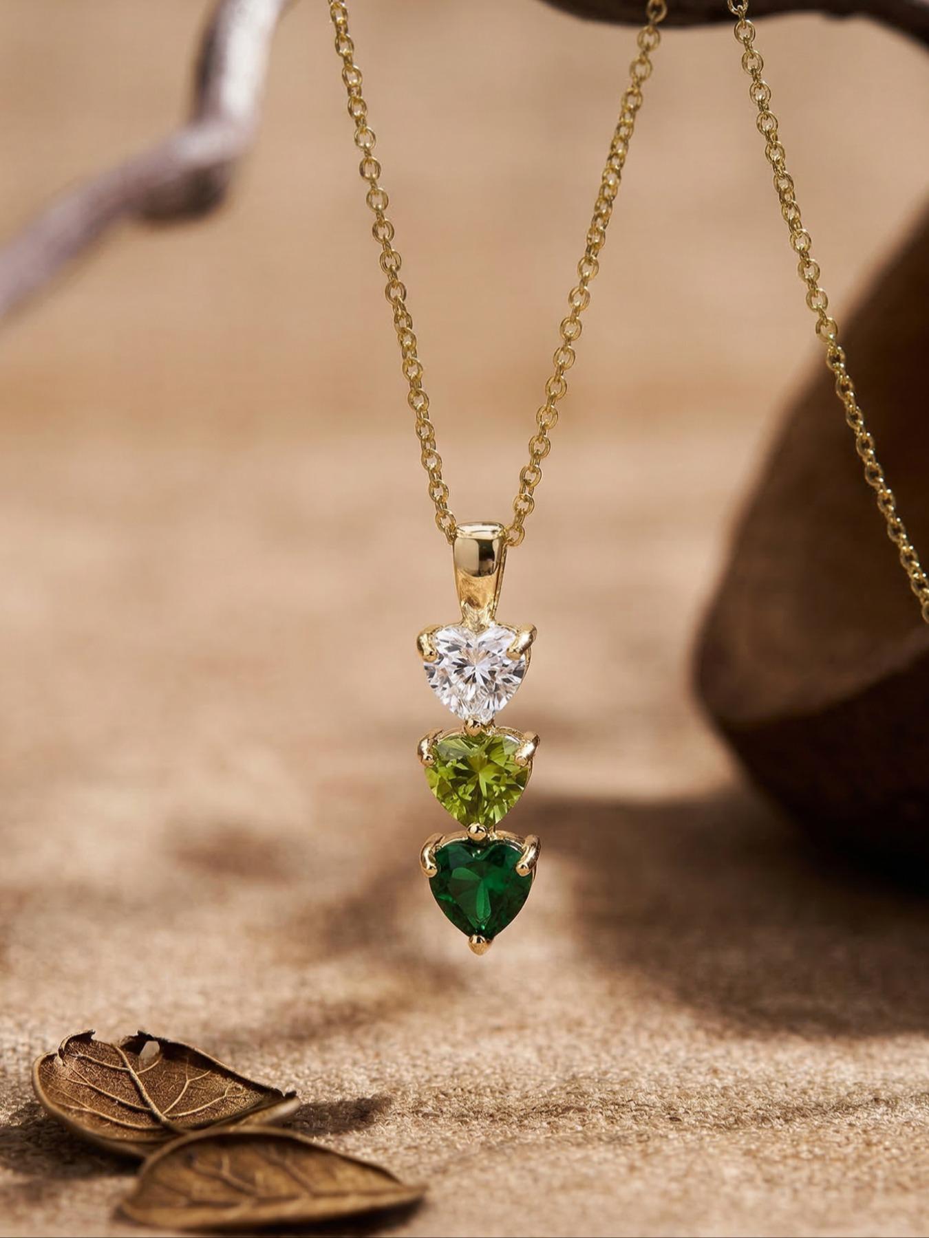 1 pcCopper gold-plated small pendant necklace with green and pink gradually changing heart-shaped gemstones, wedding necklace, bridesmaid gift, anniversary gift (for wife), grandmother gift (for mother), Mother's Day gift , Valentine's Day girlfriend gift