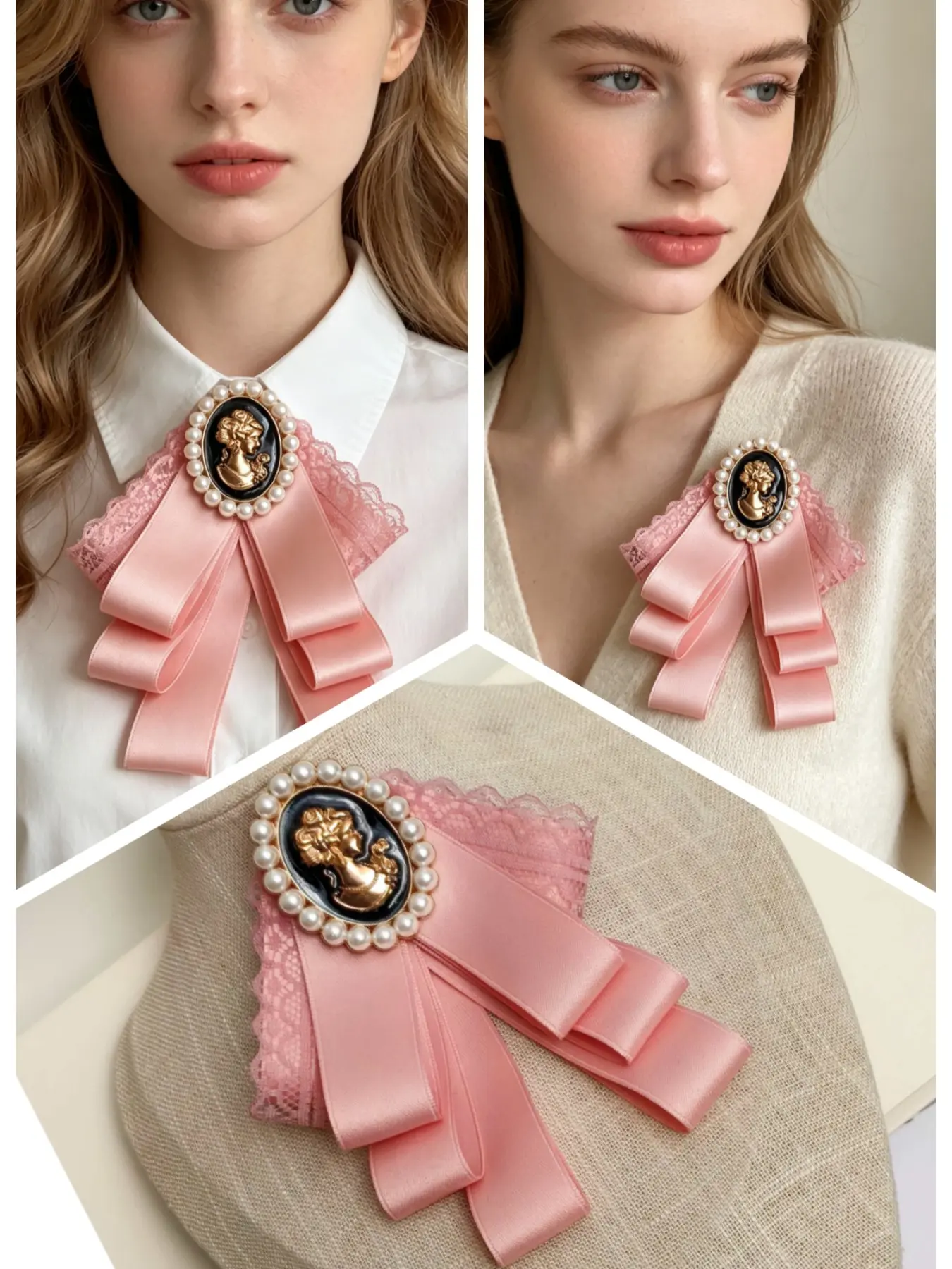 Satin Bowknot Brooch, Victorian Retro Cameo Pin, Lace Pearl Decorative Clip, Women's Shirt Dress Gown Accessory, Daily Party Wear