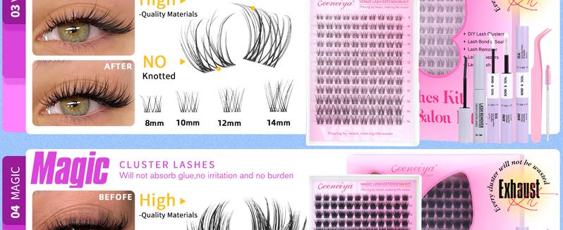 Geeneiya Lashes Waterproof DIY Lash Extension Kit, 8-18MM Wispy Lash Clusters Kit,Ultra-thin Soft Band Eyelash Extension Kit with Waterproof Lash Bond and Seal,Lash Remover,Tweezers for Girls Gift Makeup Cosmetic (Flora/ Venus/ Manga)TikTokShopBlackFriday