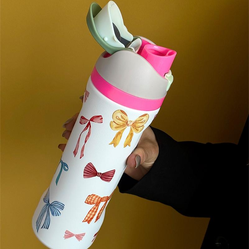 Bow Pattern Stainless Steel Vacuum Flask, Leakproof Insulated Tumbler, 1 Count Portable Insulated Water Bottle with Straw, Drinking Cup for Home Office School Outdoor Camping, Drinkware