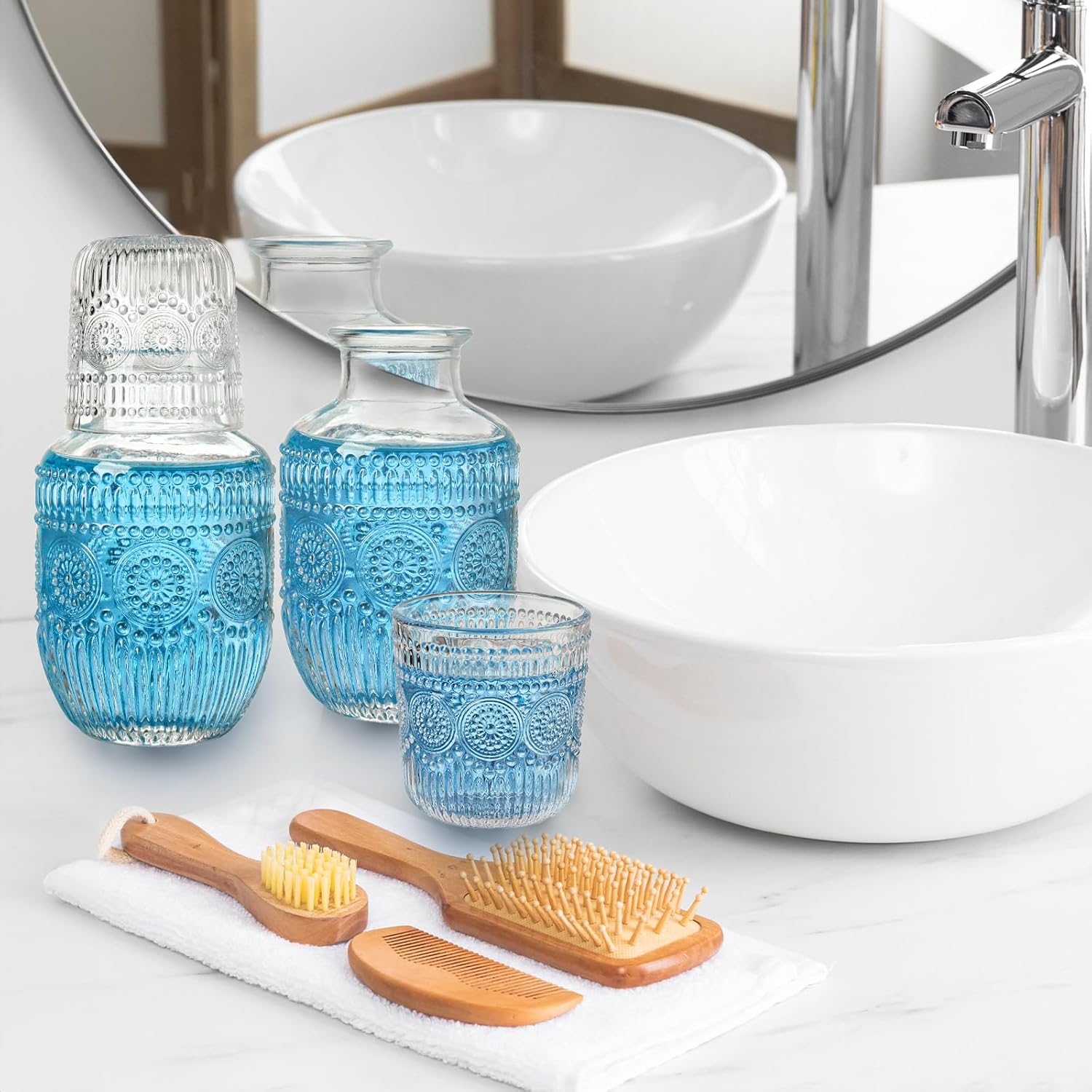 Vintage Glassware Bedside Carafe Set (2 Sets, 4 Pcs Total) - 14Oz Glass Pitcher & Cup for Daily Use, Contemporary Nightstand Drinkware for Bedroom, Wedding Supplies