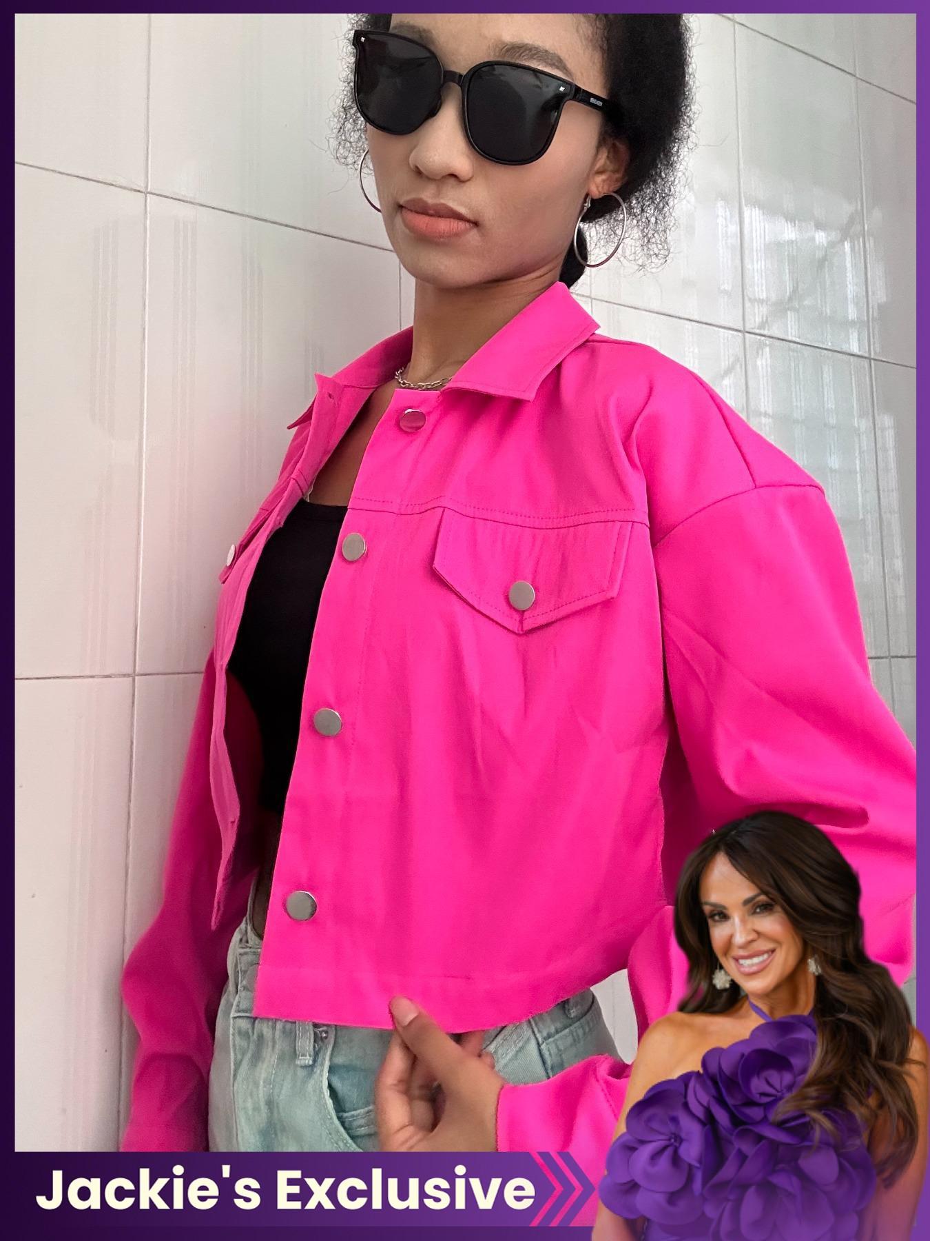 Women's Solid Button Front Drop Shoulder Crop Jacket, Casual Long Sleeve Collared Coat for Fall & Winter, Ladies Clothes for Daily Wear,Jackie's ExclusivePick, LimitedAvailability on Live