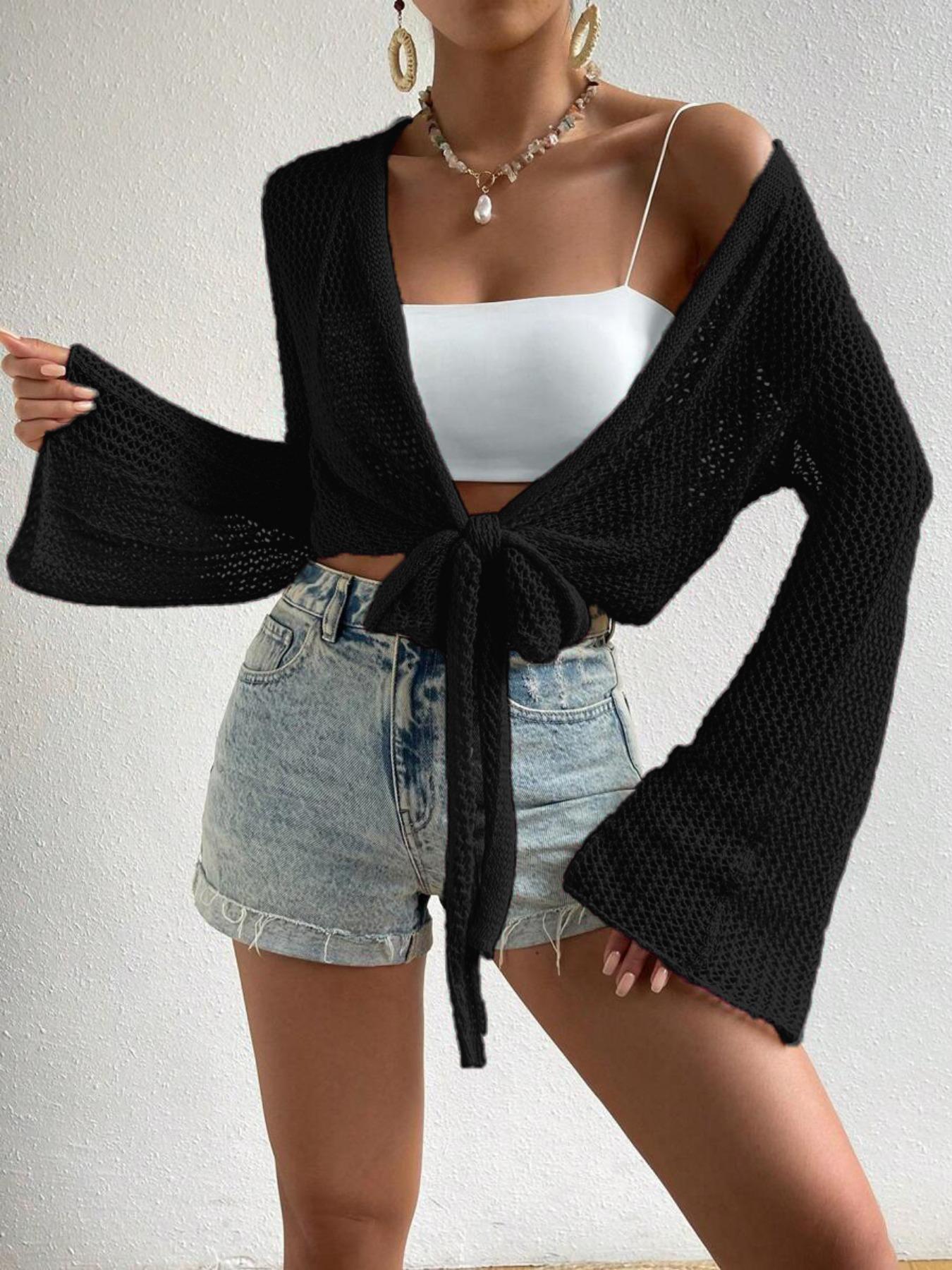 Women's Plain Knot Front Cardigan, Casual Long Sleeve Cover Up for Summer, Fashion Women's Knitwear for Beach Holiday Vacation