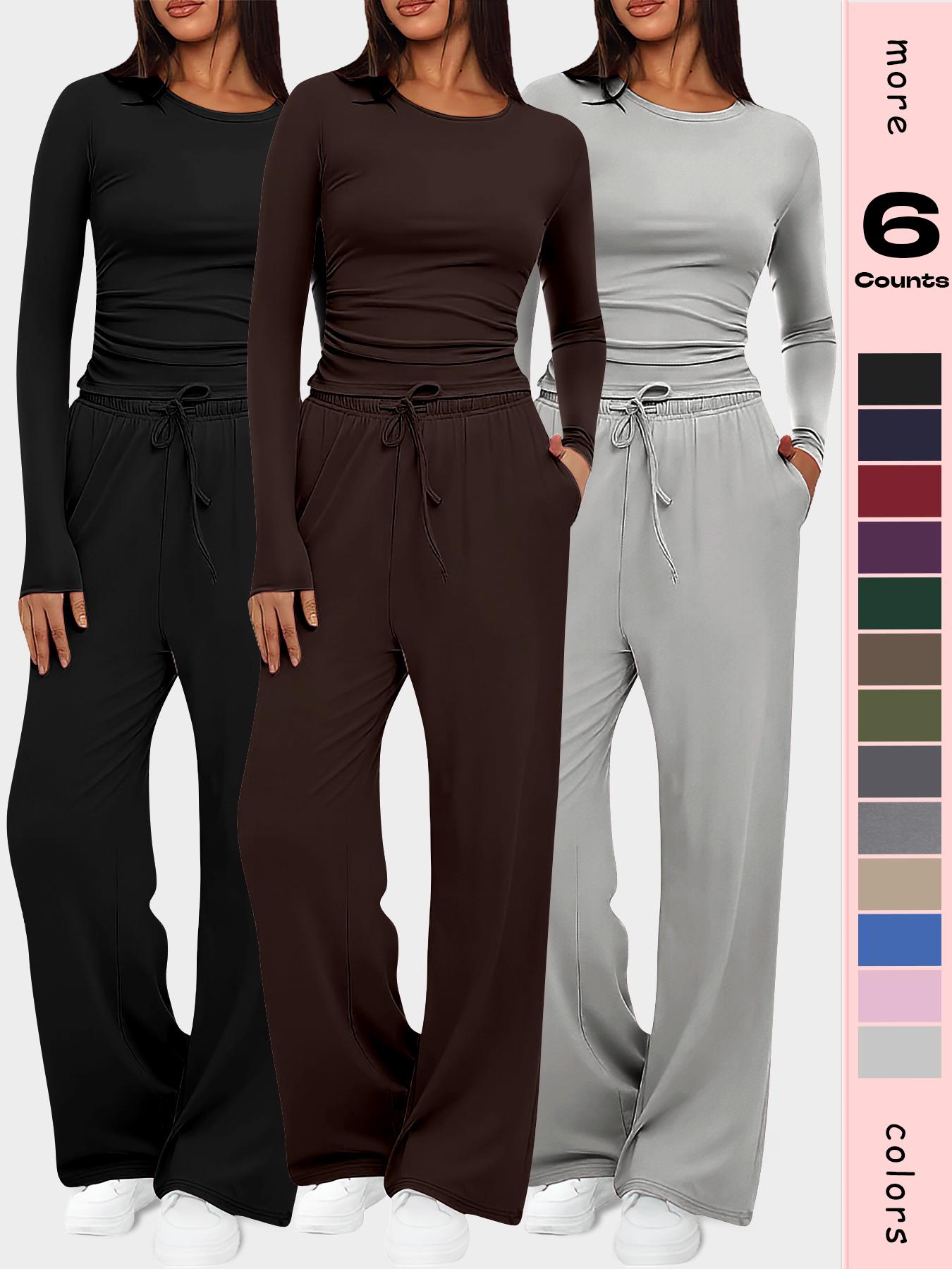 Women's 2-Piece Set Autumn and Winter Loungewear Sets, Ruched Fitted Long Sleeve Tops & High Waisted Wide Leg Pants