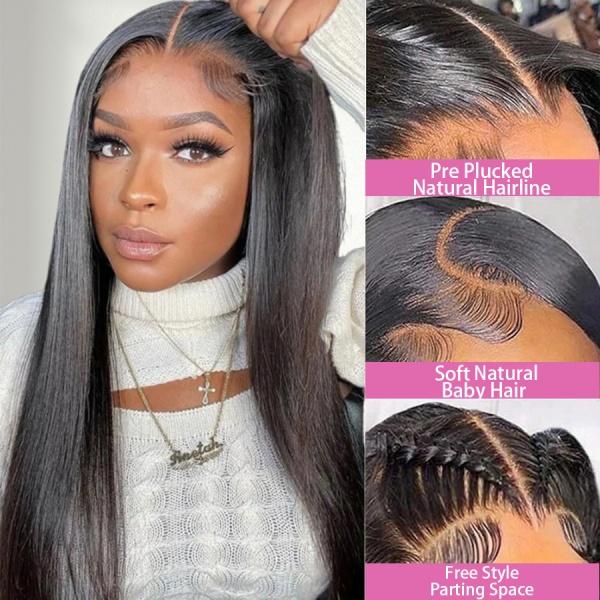 Glueless Wig 5x5 Human Hair Wigs 200% Density 13x4 Bone Straight Lace Front Wigs Blended Hair HD Transparent Pre Cut Lace Closure Wig Brazilian Hair Easy To Go No Glue Need Natural Black Color