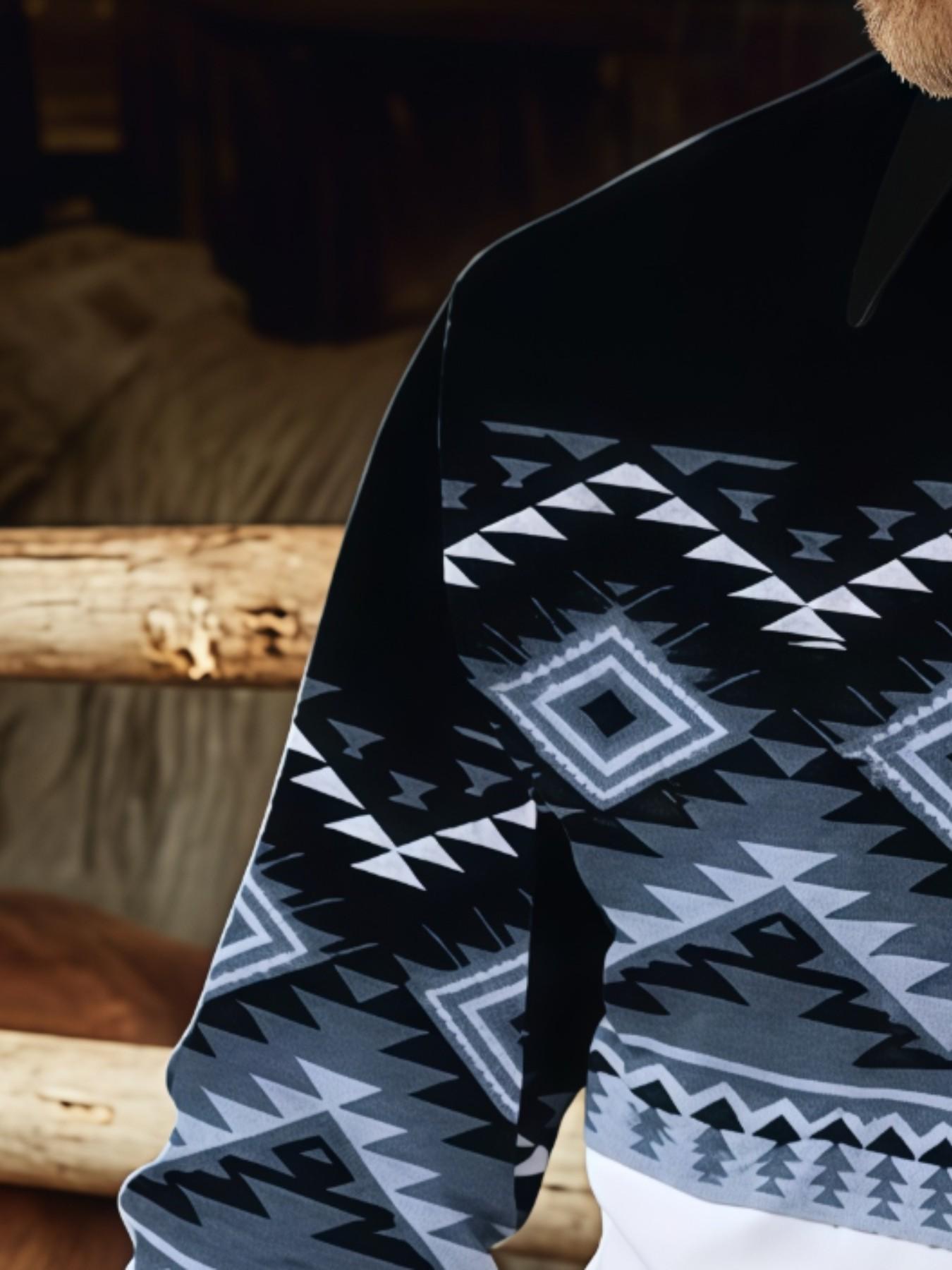 Men's Western Cowboy Style Navajo Geometric Print Long Sleeve Shirt, Vintage Patchwork Colorblock Casual Button Front Top
