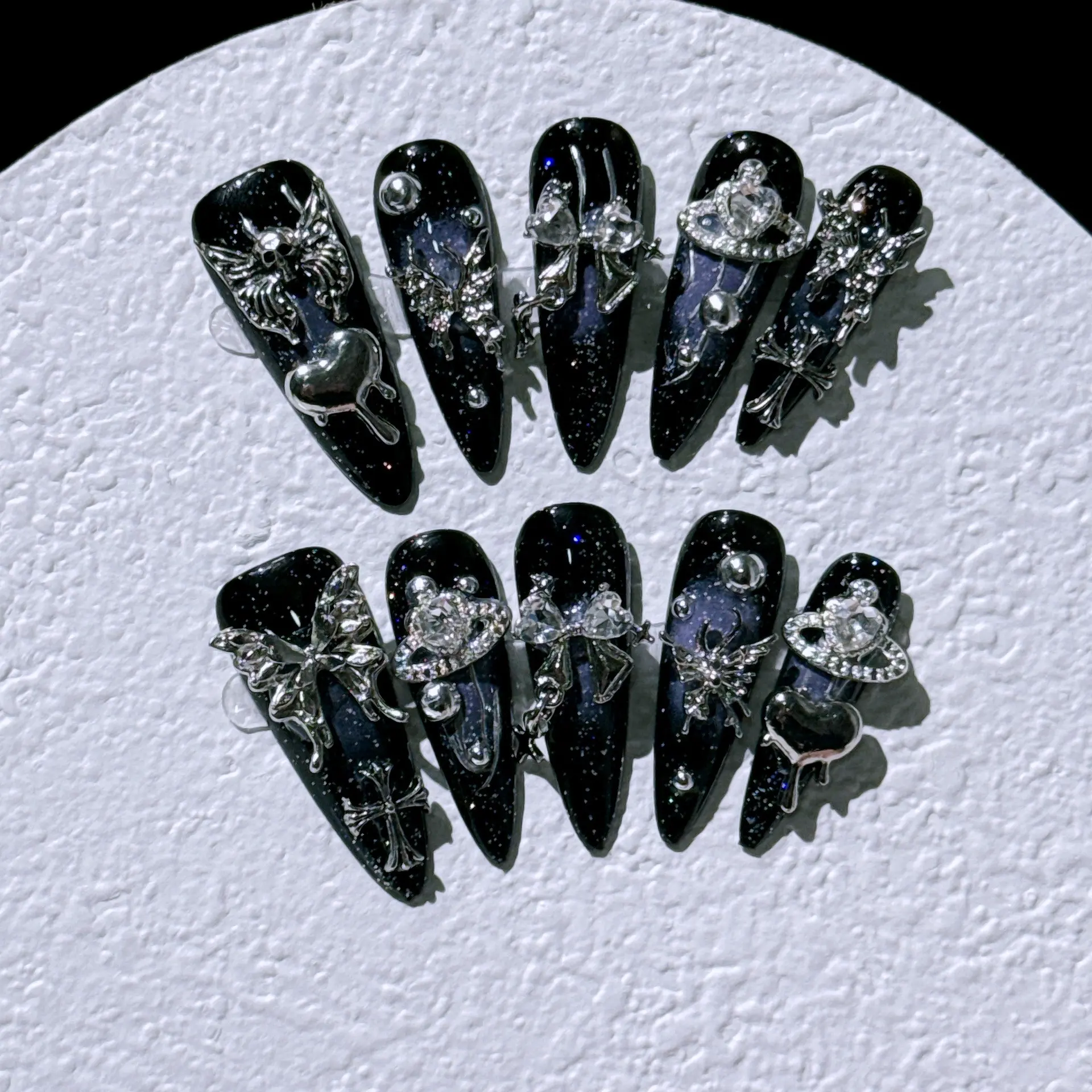 10pcs Handmade Dark Gothic Press on Nails, Long Stiletto Glitter, Silver Color Charms, Y2K Alt Punk, Reusable Fake Nails for Parties