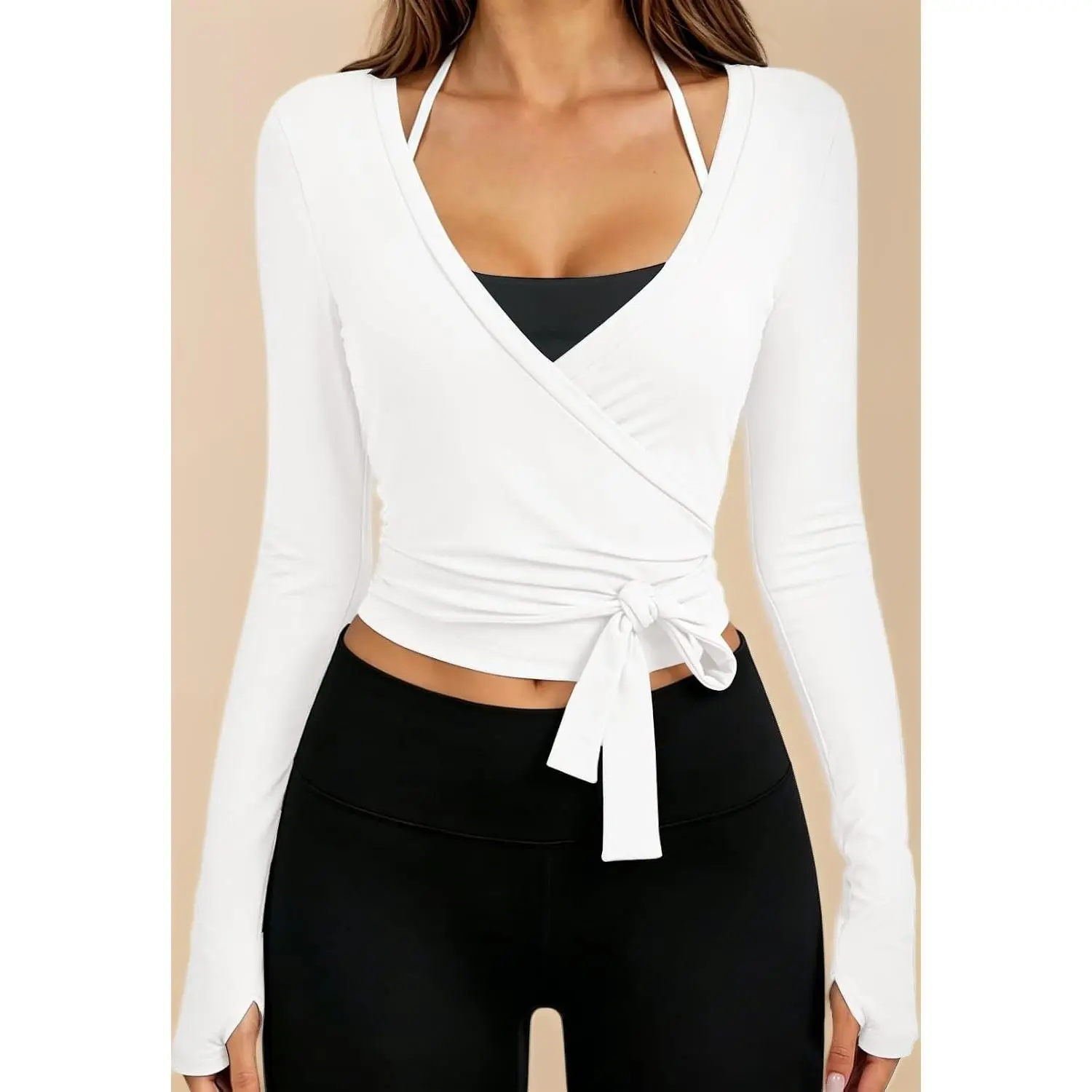 Cropped Yoga Pilates Top, Women Deep V Neck Long Sleeve Wrap Tie Workout Shirt with Thumb Holes, Ballet Blouse