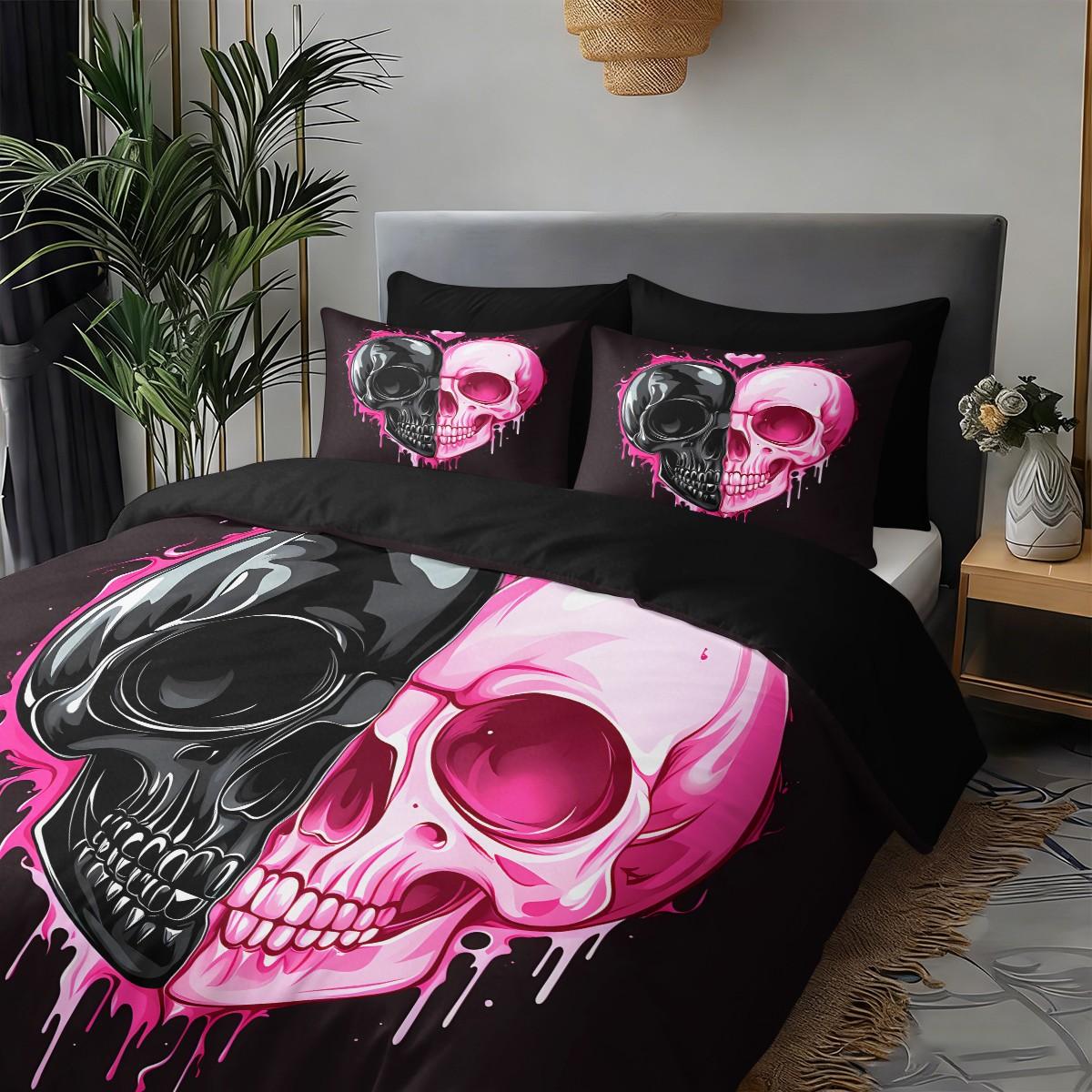 3pc Black and pink patchwork skull bedding Set, Decorative bedding set, including 1 duvet cover and 2 pillowcases, suitable for single and double beds, with multiple sizes available, ideal for bedrooms, dormitories, hotel apartments