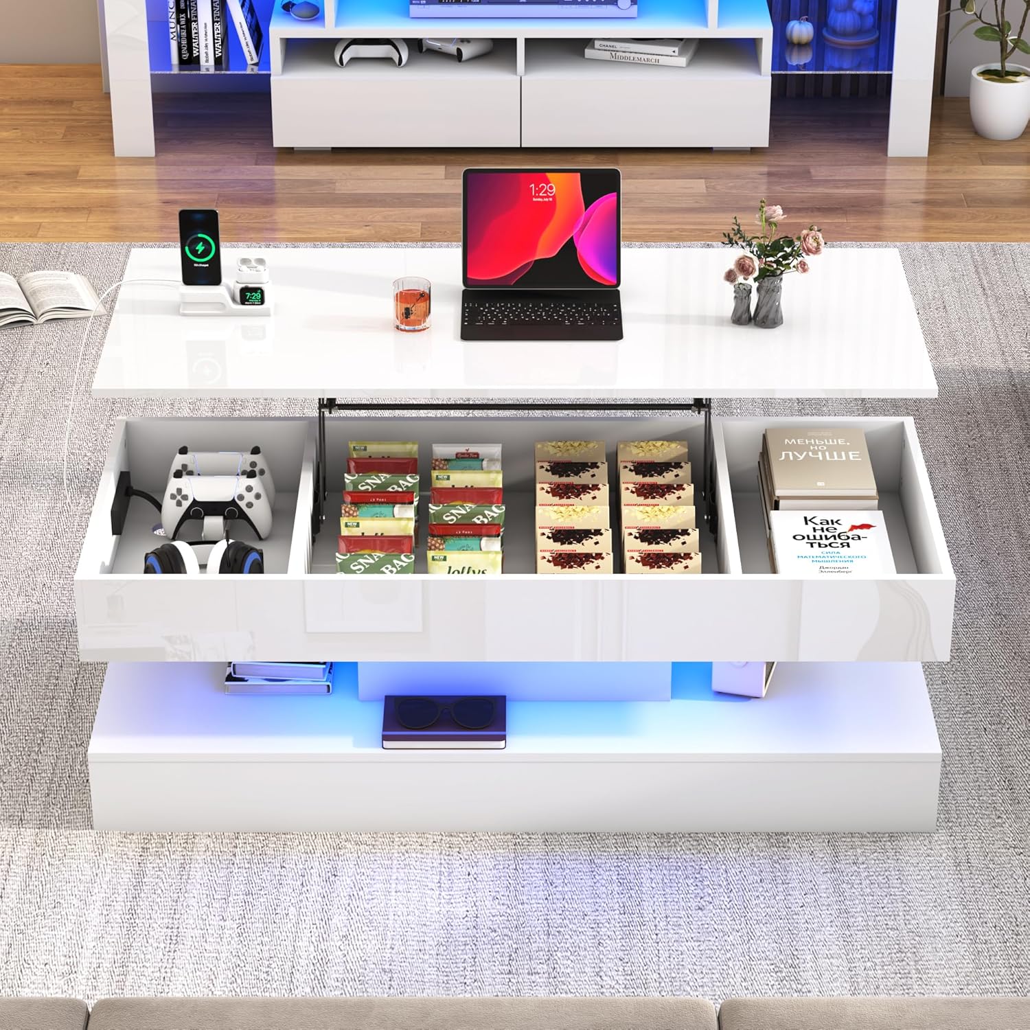 47.2"/39.4" Large Lift Top Coffee Table,Modern High Glossy LED Coffee Tables for Living Room with Storage Drawer,White Living Room Tables for Livingroom,Dining Room,Bedroom Home Office(White/Marbling White)