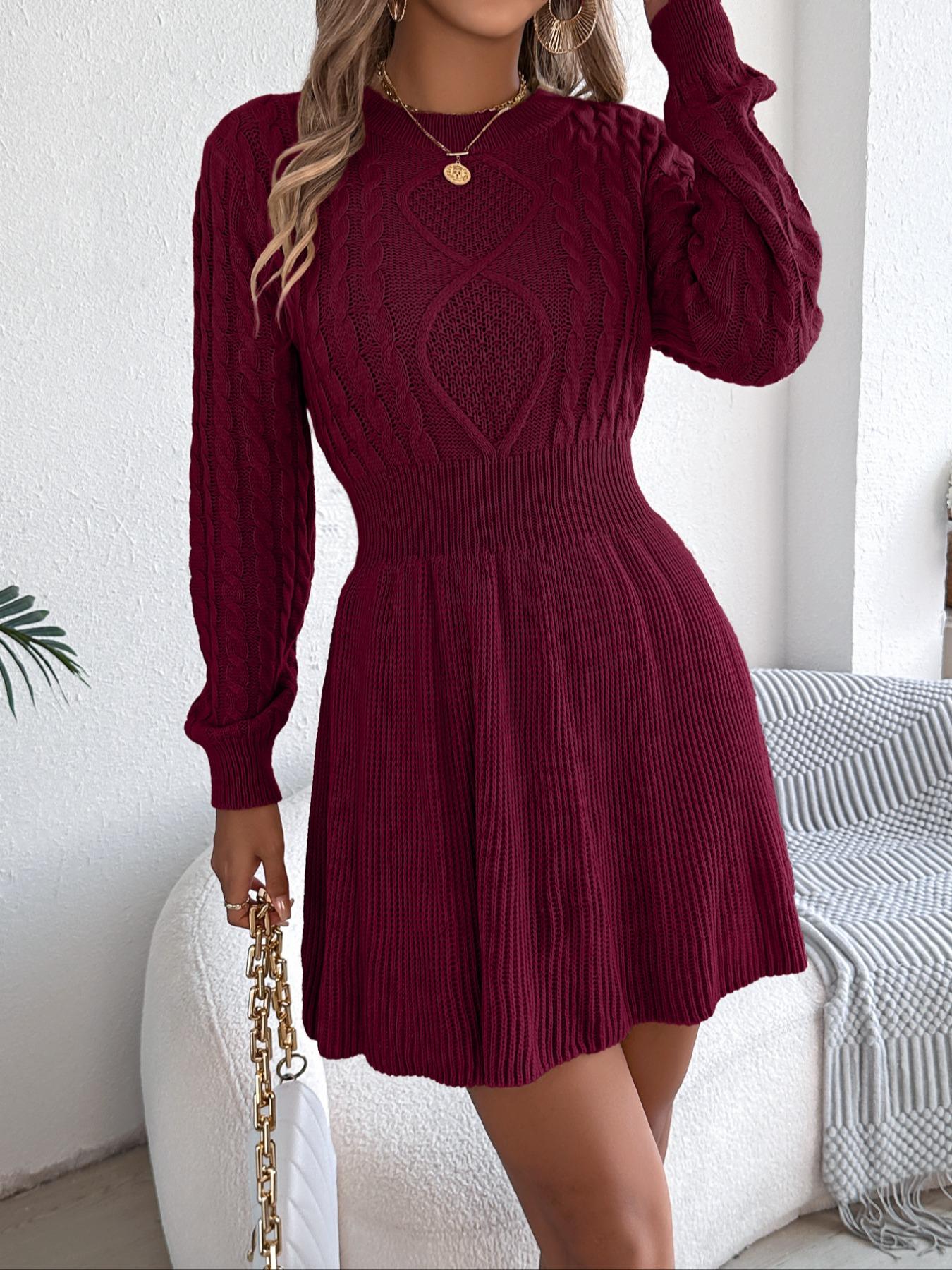 Women's Casual Round Neck Long Sleeve Sweater Dress, Autumn Winter Plain Knitwear, Comfortable Daily Wear, Ladies Fashion Clothing