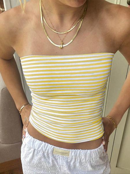 Women's Striped Print Ruched Crop Tube Top, Casual Strapless Cropped Top for Summer, Ladies Clothes for Daily Wear