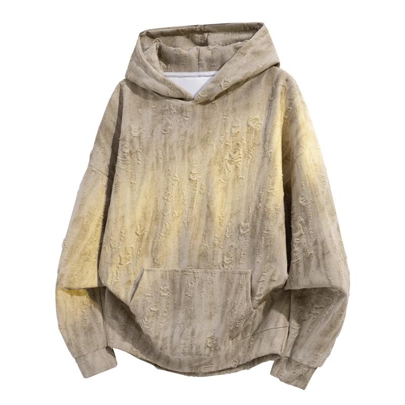 Men's Wasteland-Style Hooded Cotton Blend Sweatshirt - Menswear, Casual Fashion, Long Sleeve Streetwear, Ripped Texture, Drop-Shoulder, Distressed Look, American High-Street Retro Niche Top, Slim-Fit, Standard Sizes