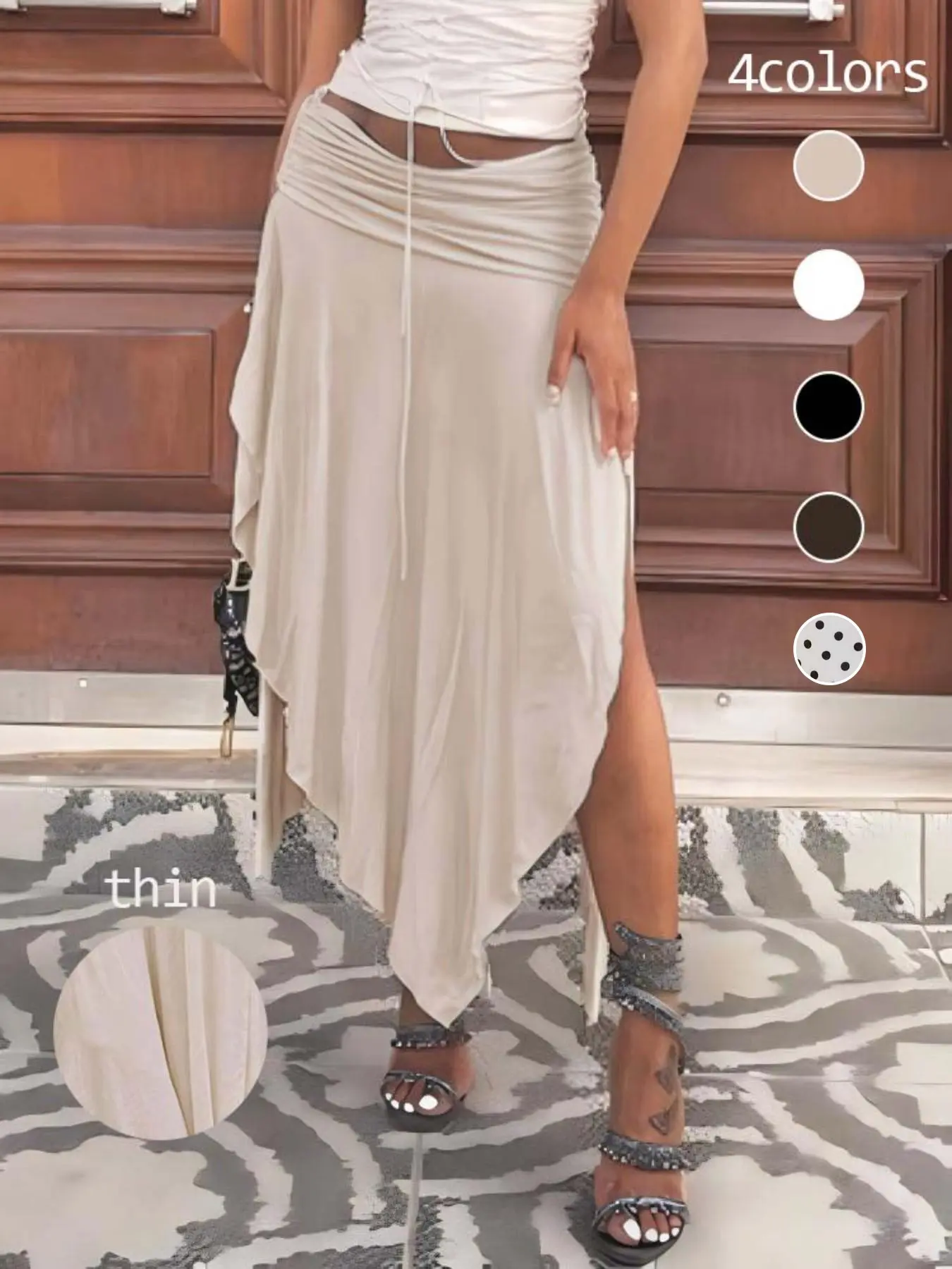 Vacation Casual Ruched Split Irregular Design Low Waist Long Skirt, New Solid Color Drapey Half Skirt, Women's Fashion Dress, Casual Wear