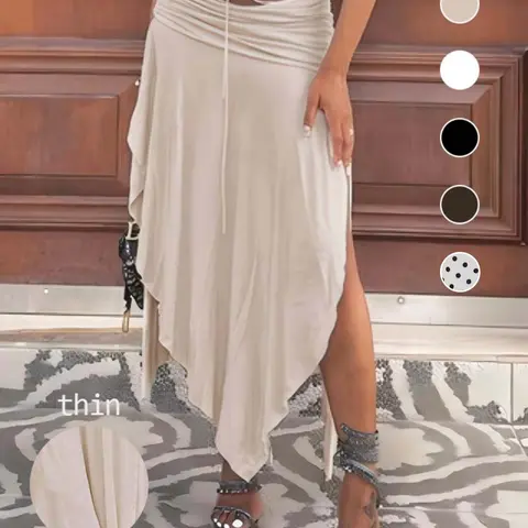 Vacation Casual Ruched Split Irregular Design Low Waist Long Skirt, New Solid Color Drapey Half Skirt, Women's Fashion Dress Fit