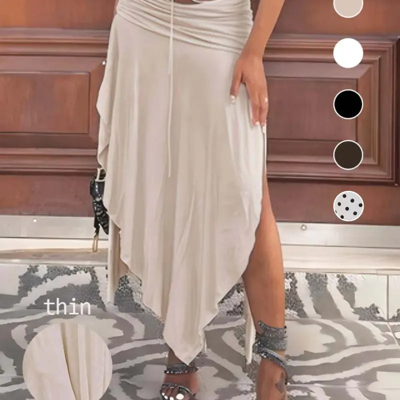 Vacation Casual Ruched Split Irregular Design Low Waist Long Skirt, New Solid Color Drapey Half Skirt, Women's Fashion Dress, Casual Wear