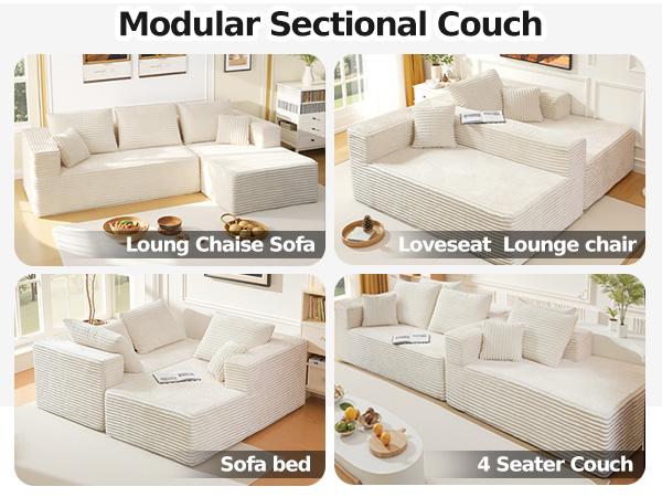 CHORRO 108''Sectional Boneless Cloud Sofa,Modern Modular L-Shape Couch for Living Room,Corduroy Convertible Sponge Sleeper Sofas,Upholstered Lougne Chaise Couchs-with Soft Pillow(Camel,Left Chaise)
