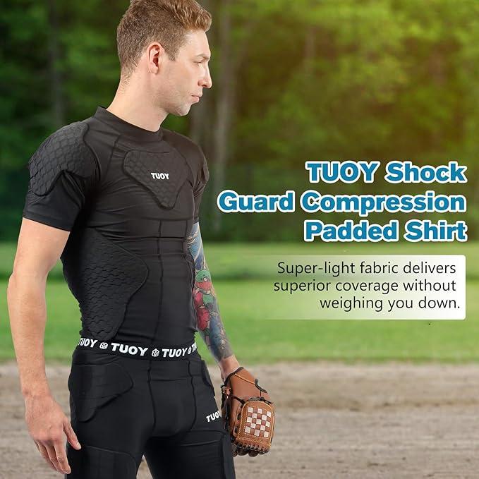 TUOY Men's Padded Compression Shirt Protective Shirt Rib Chest Protector for Football Paintball Baseball Padding Safety Athletic Apparel Athletic Top