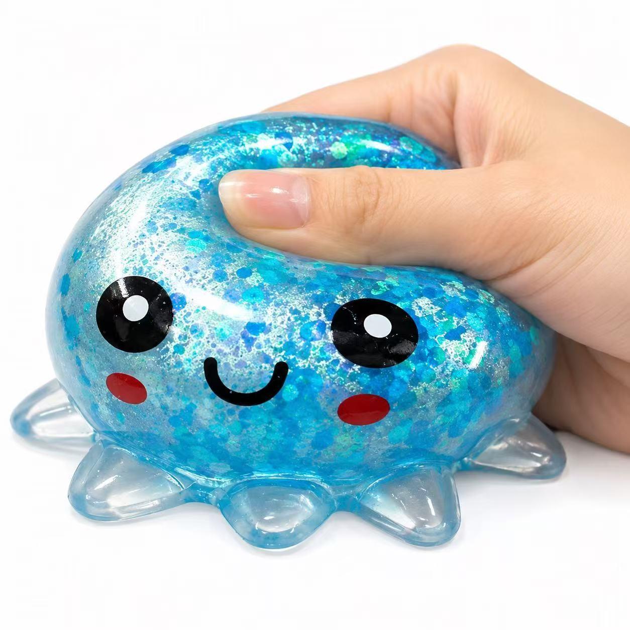 Clear Glitter Octopus Squeeze Toy, Glitter Squishy, Glittery Squishies, Squishy Fun, TPR Maltose Filled Stress Ball, 4 Colors Available Anxiety Relief Fidget Toy for Adults Kids