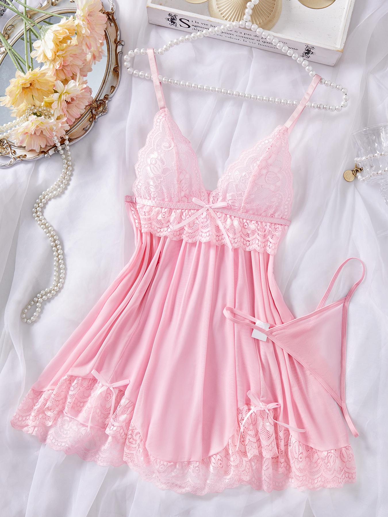 Women's Sexy Lace Nightdress, V Neck Backless Asymmetrical Hem Spaghetti Strap Sleepwear, Comfortable Sleeping Gown with Free Panties, Lace Cami Nightdress