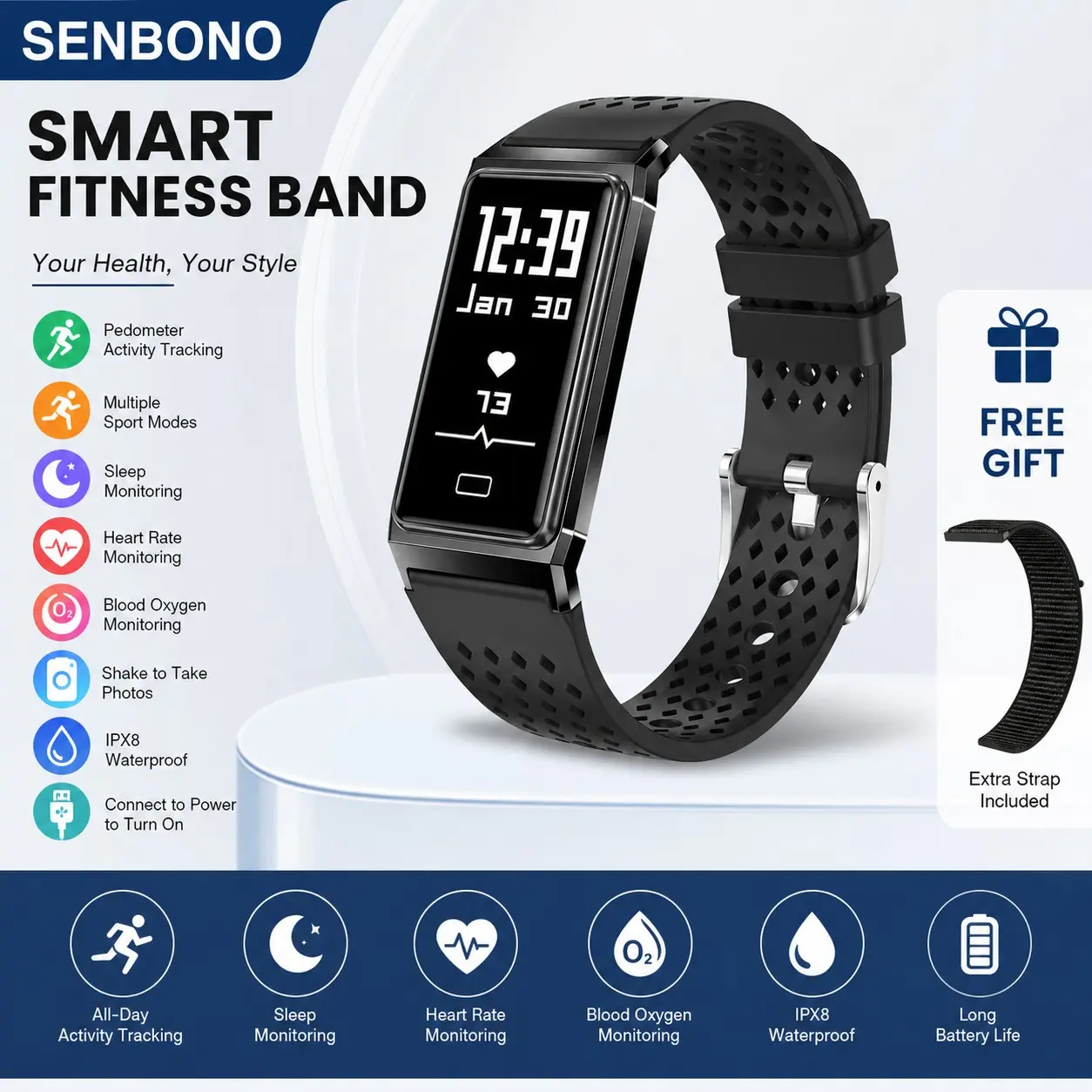 SENBONO Smart Band Health Tracker, Heart Rate Variability & Menstrual Reminder, Auto Sport Mode, Sleep Analysis, 100mah Long Battery Life