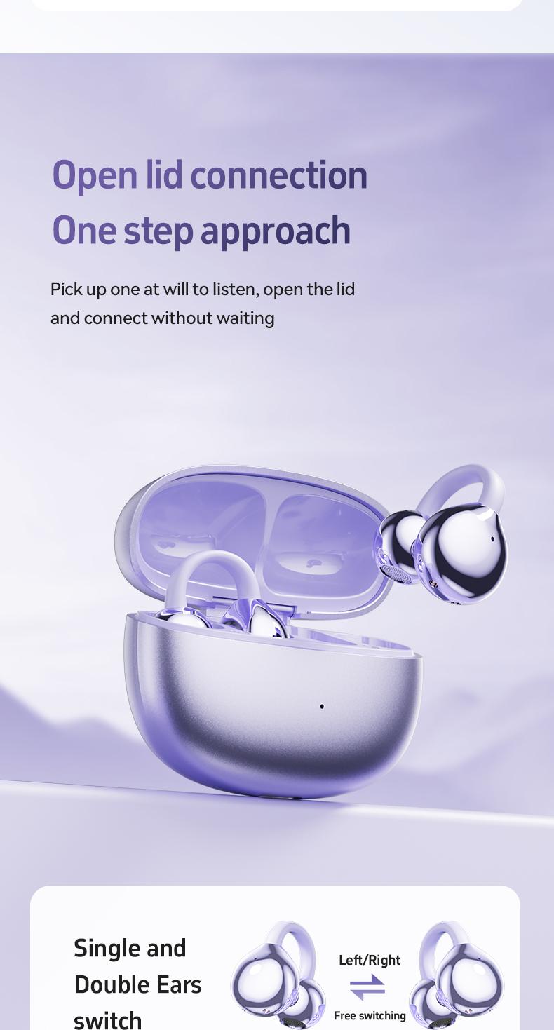 MUPUSONG Open Earbuds Air Conduction Wireless Bluetooth 5.4 Clip On with Microphone 42H Playtime Sports Running Exercise Eyeglass Wearers Audio Headphone Black